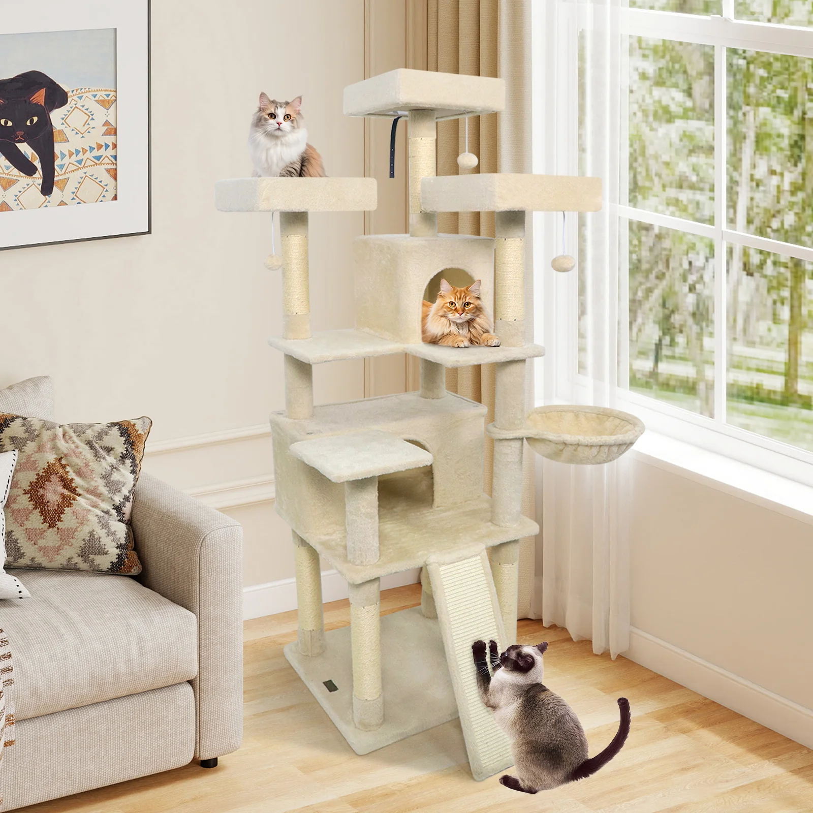 65 Inch Tall Multi-level Cat Tree with 3 Upholstered Perch and 2 Cat Condos, Beige - Image 3