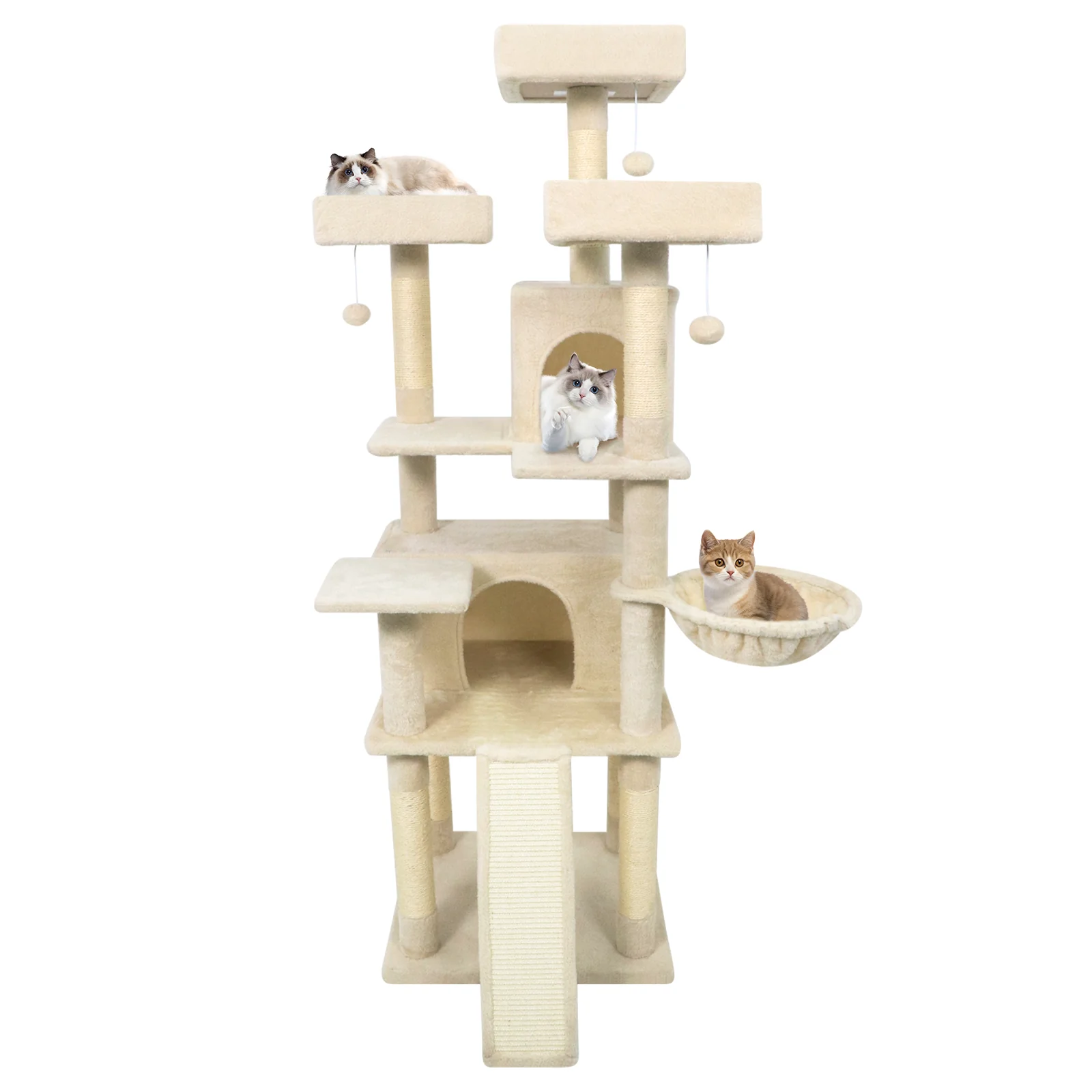 65 Inch Tall Multi-level Cat Tree with 3 Upholstered Perch and 2 Cat Condos, Beige - Image 5