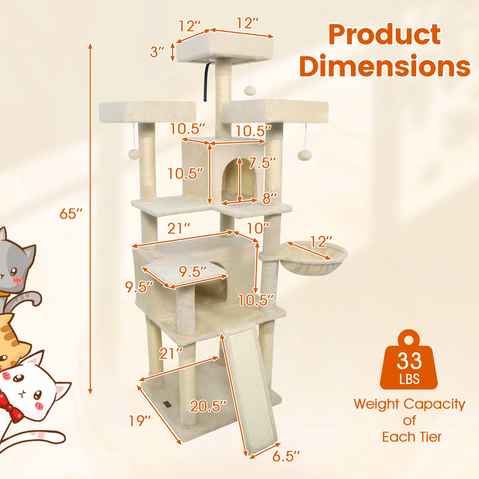 65 Inch Tall Multi-level Cat Tree with 3 Upholstered Perch and 2 Cat Condos, Beige - Image 6