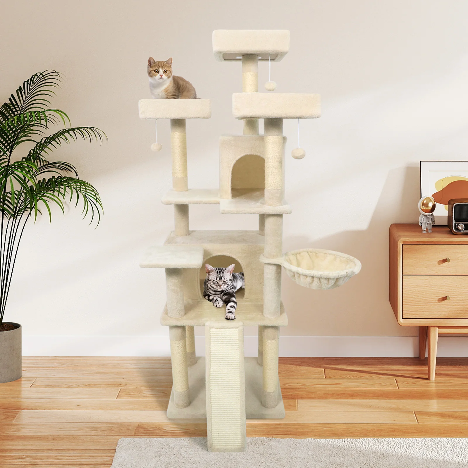 65 Inch Tall Multi-level Cat Tree with 3 Upholstered Perch and 2 Cat Condos, Beige - Image 7