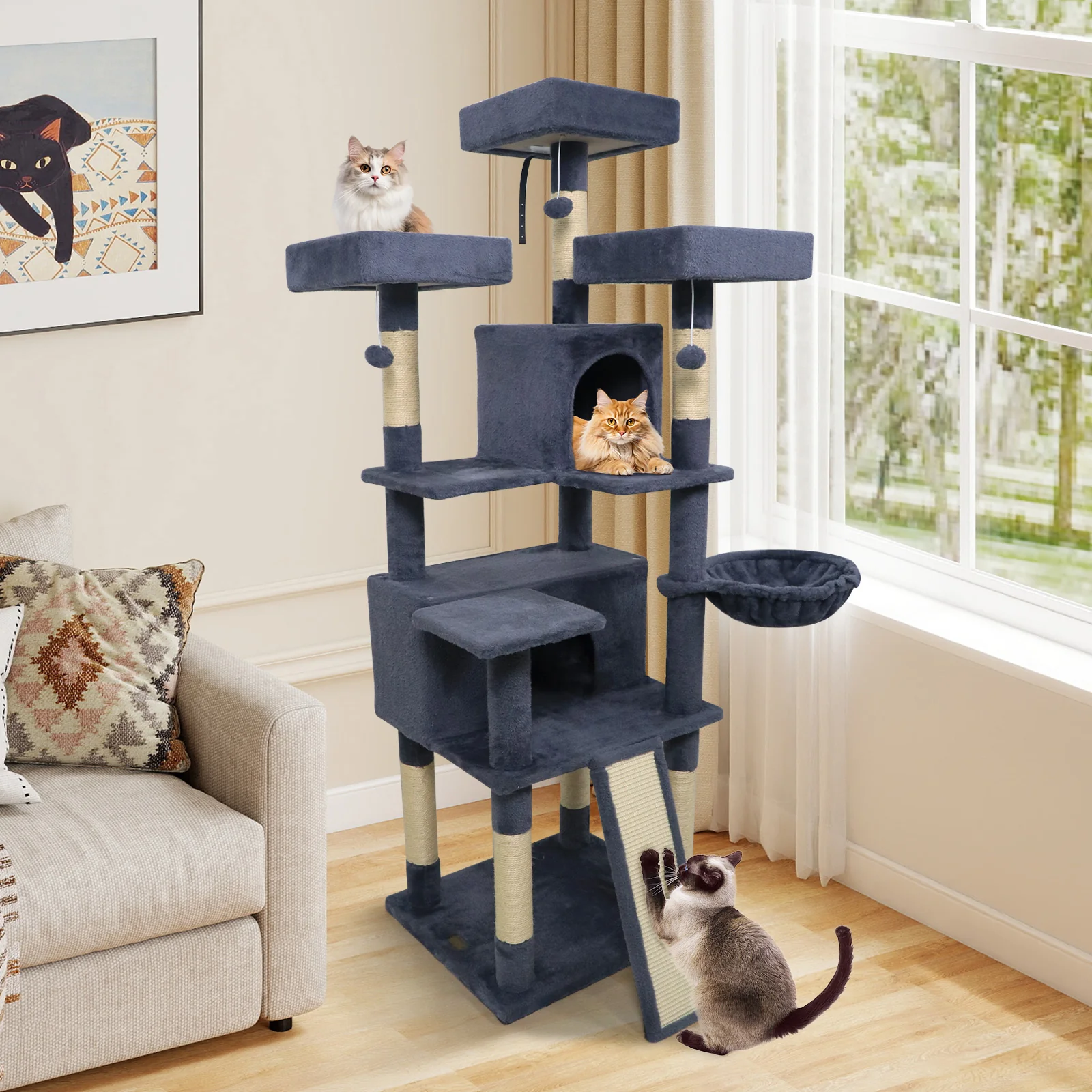65 Inch Tall Multi-level Cat Tree with 3 Upholstered Perch and 2 Cat Condos, Dark Gray - Image 3