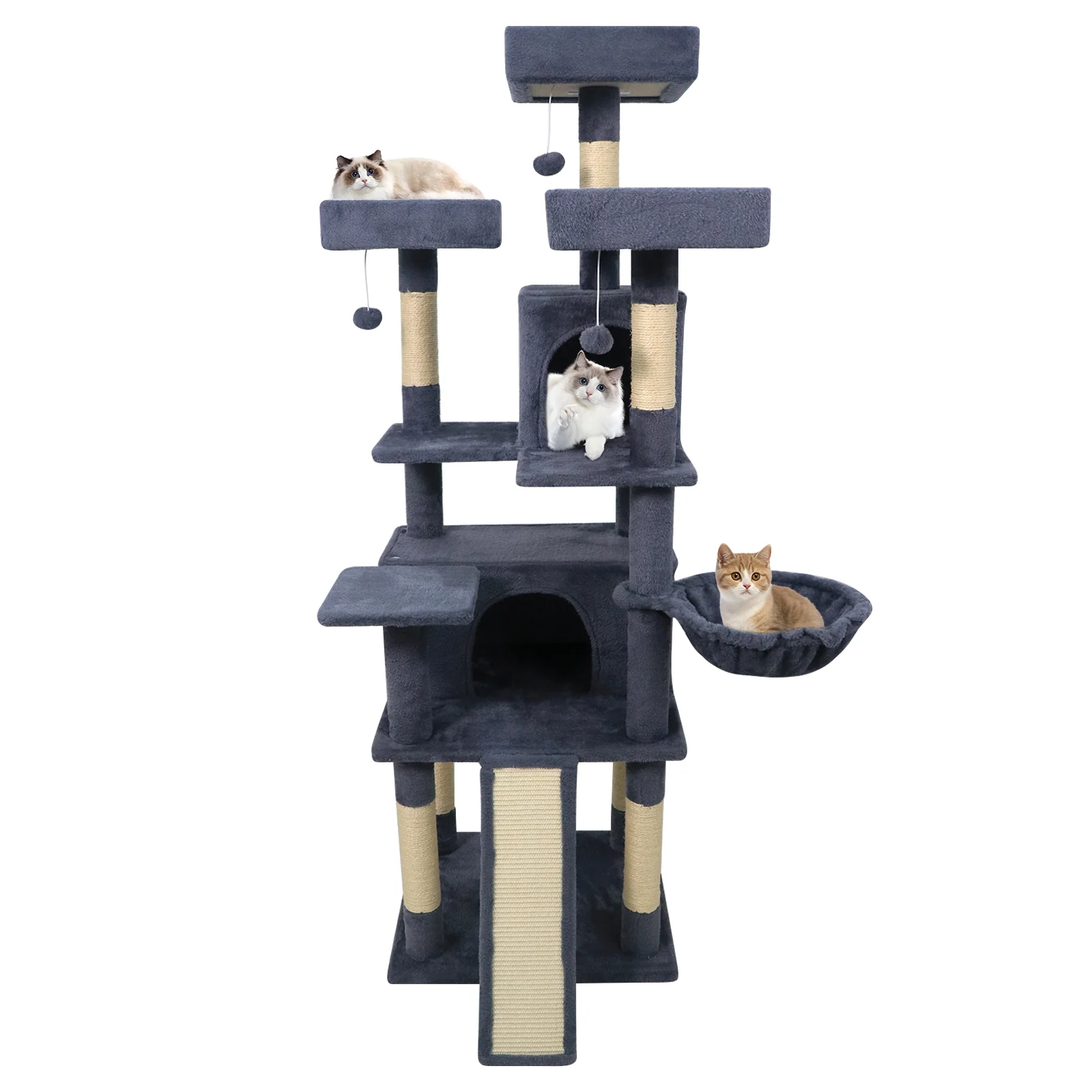 65 Inch Tall Multi-level Cat Tree with 3 Upholstered Perch and 2 Cat Condos, Dark Gray - Image 5