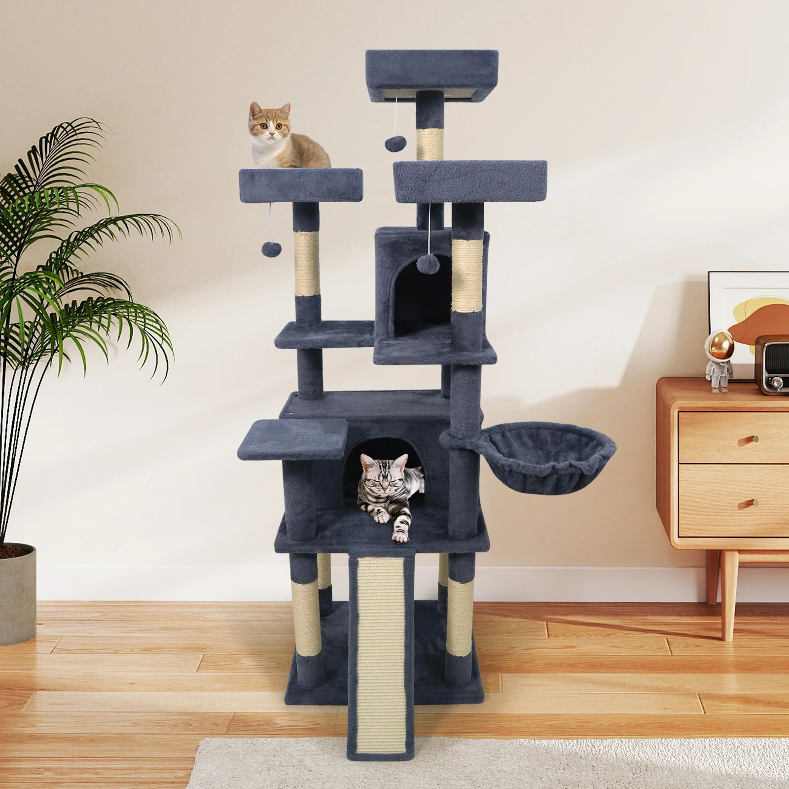65 Inch Tall Multi-level Cat Tree with 3 Upholstered Perch and 2 Cat Condos, Dark Gray - Image 7