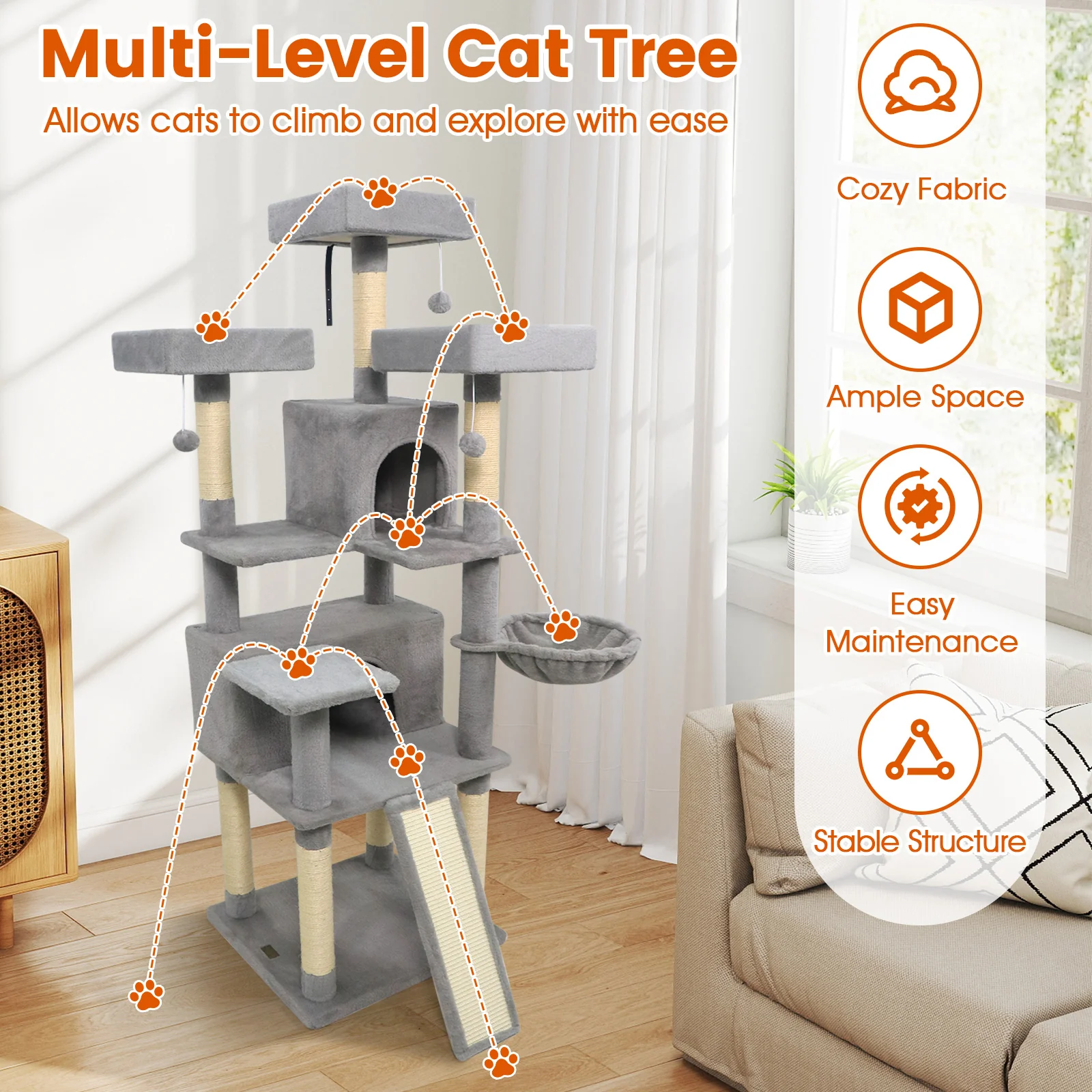 65 Inch Tall Multi-level Cat Tree with 3 Upholstered Perch and 2 Cat Condos, Light Gray - Image 10