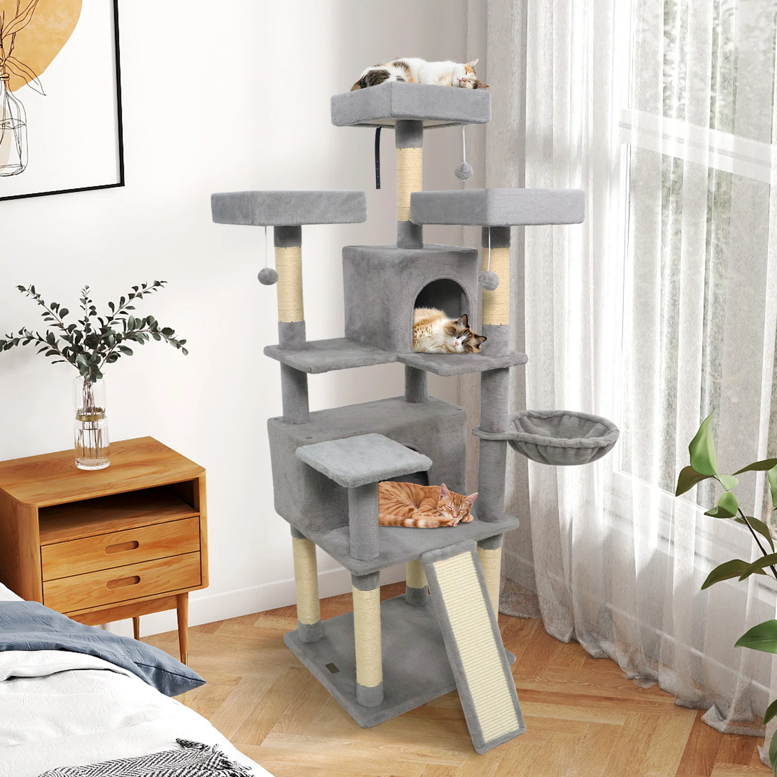 65 Inch Tall Multi-level Cat Tree with 3 Upholstered Perch and 2 Cat Condos, Light Gray - Image 2