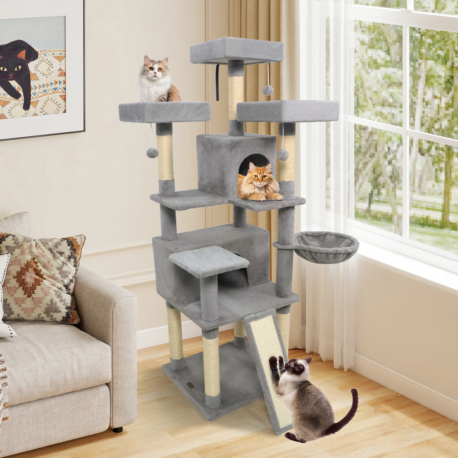 65 Inch Tall Multi-level Cat Tree with 3 Upholstered Perch and 2 Cat Condos, Light Gray - Image 3