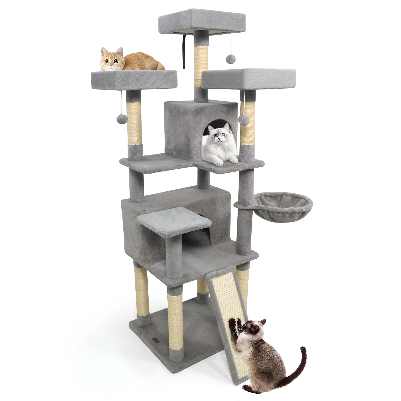 65 Inch Tall Multi-level Cat Tree with 3 Upholstered Perch and 2 Cat Condos, Light Gray - Image 4