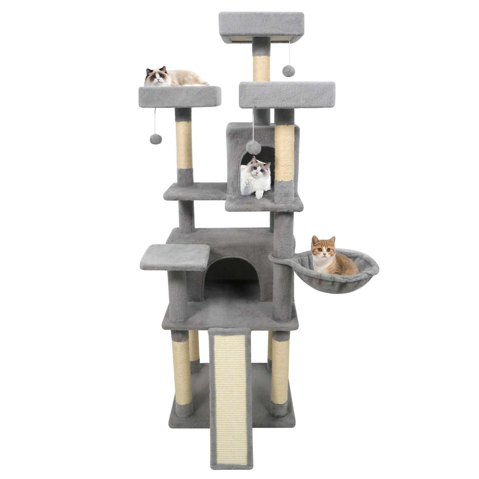 65 Inch Tall Multi-level Cat Tree with 3 Upholstered Perch and 2 Cat Condos, Light Gray - Image 5
