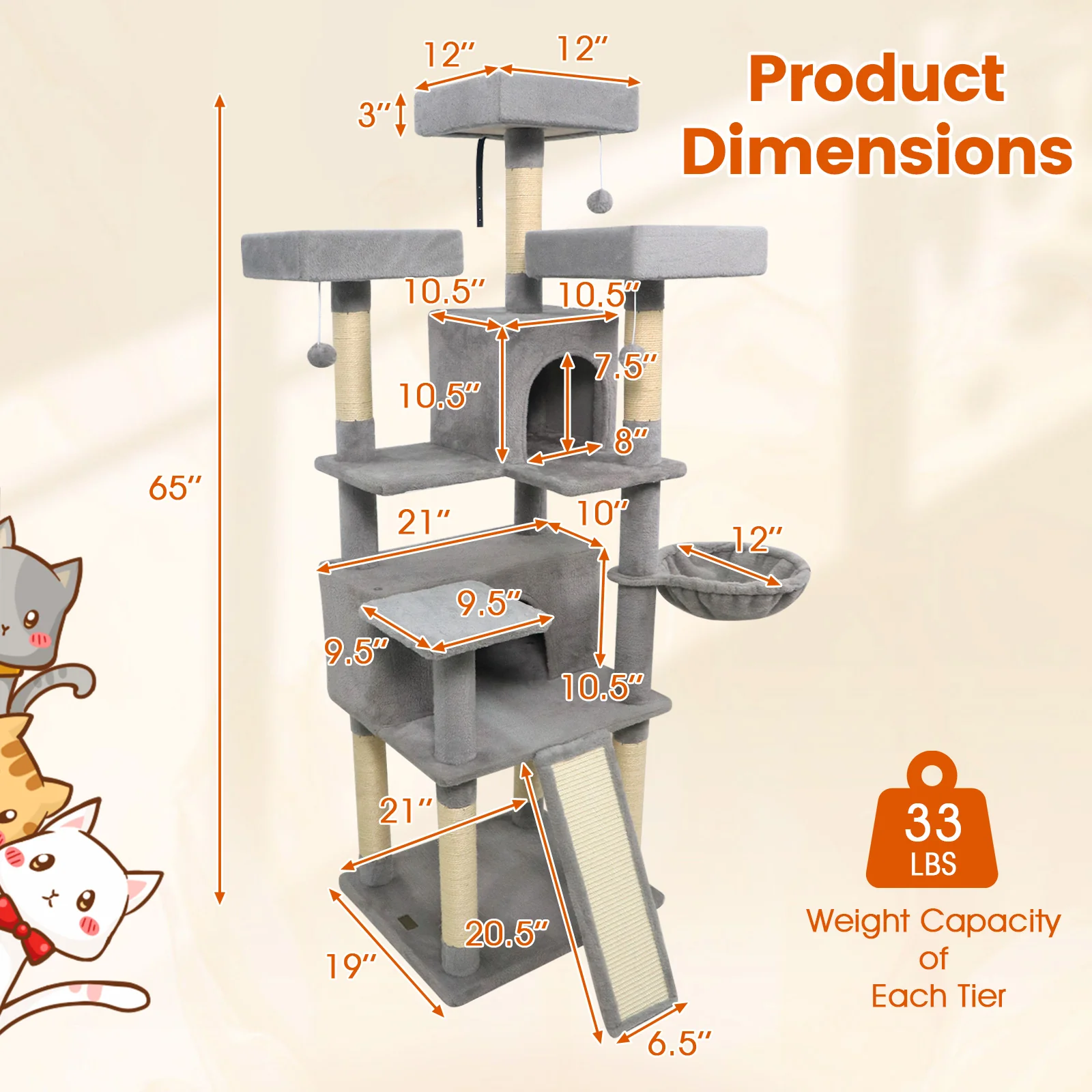 65 Inch Tall Multi-level Cat Tree with 3 Upholstered Perch and 2 Cat Condos, Light Gray - Image 6