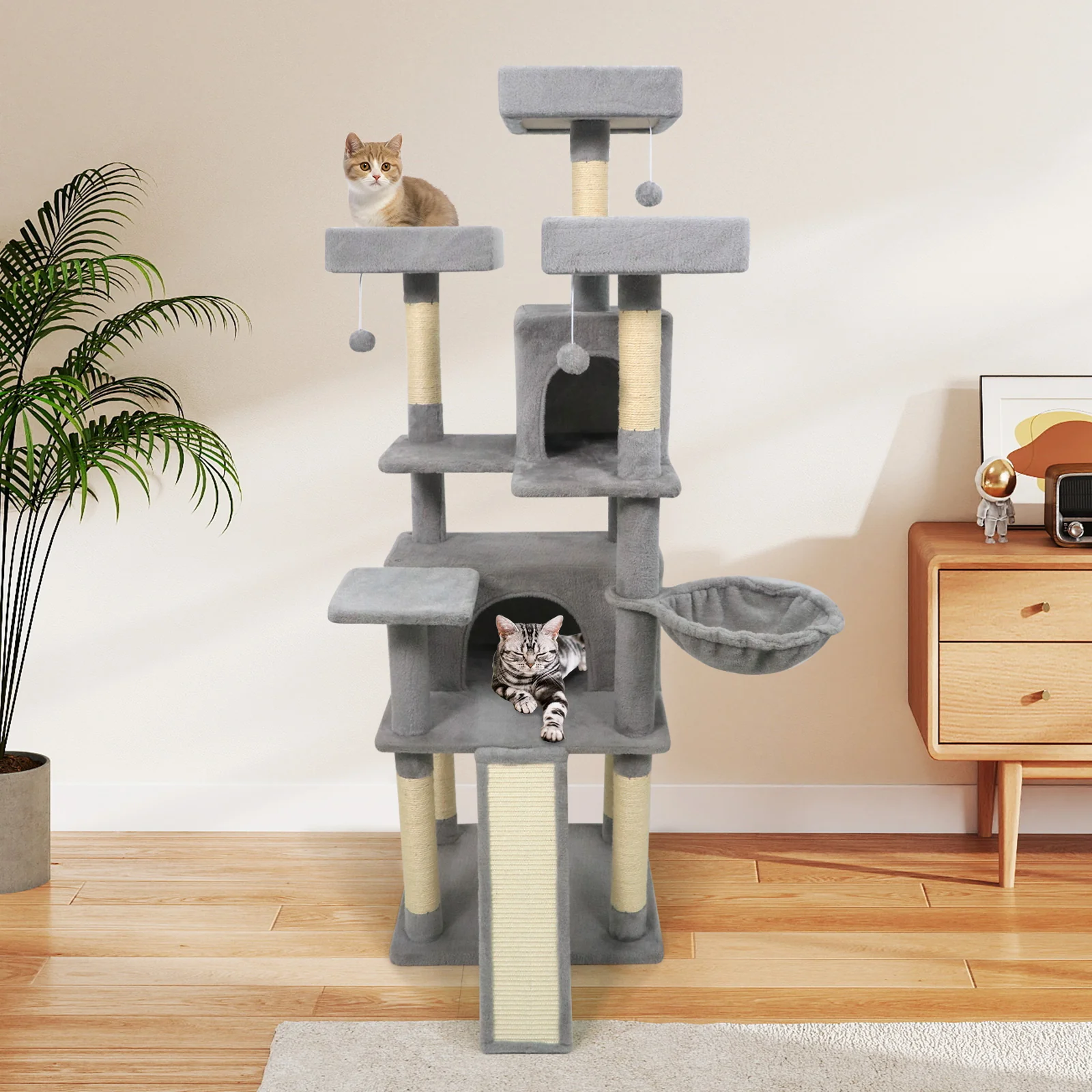 65 Inch Tall Multi-level Cat Tree with 3 Upholstered Perch and 2 Cat Condos, Light Gray - Image 7