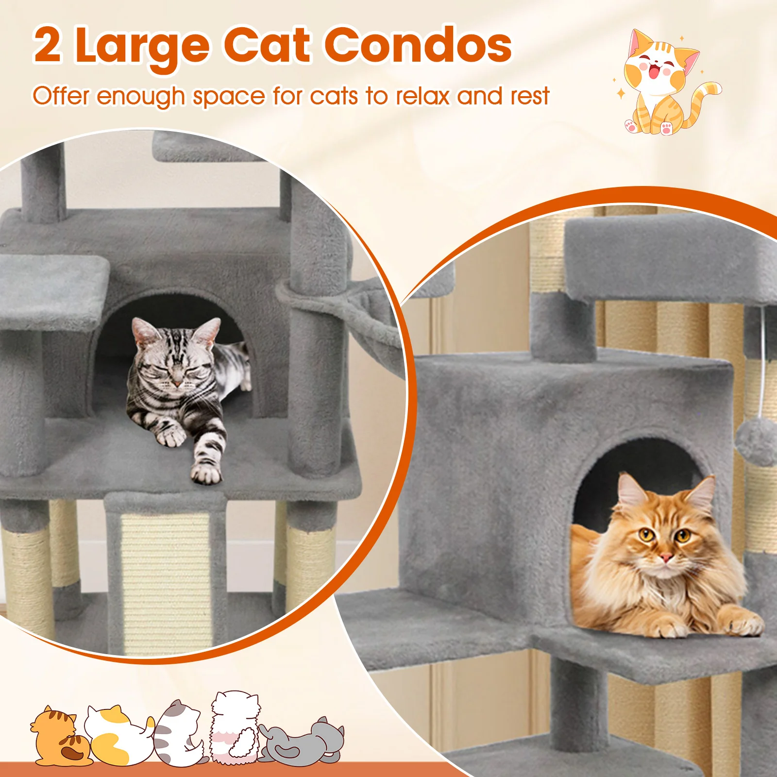 65 Inch Tall Multi-level Cat Tree with 3 Upholstered Perch and 2 Cat Condos, Light Gray - Image 8