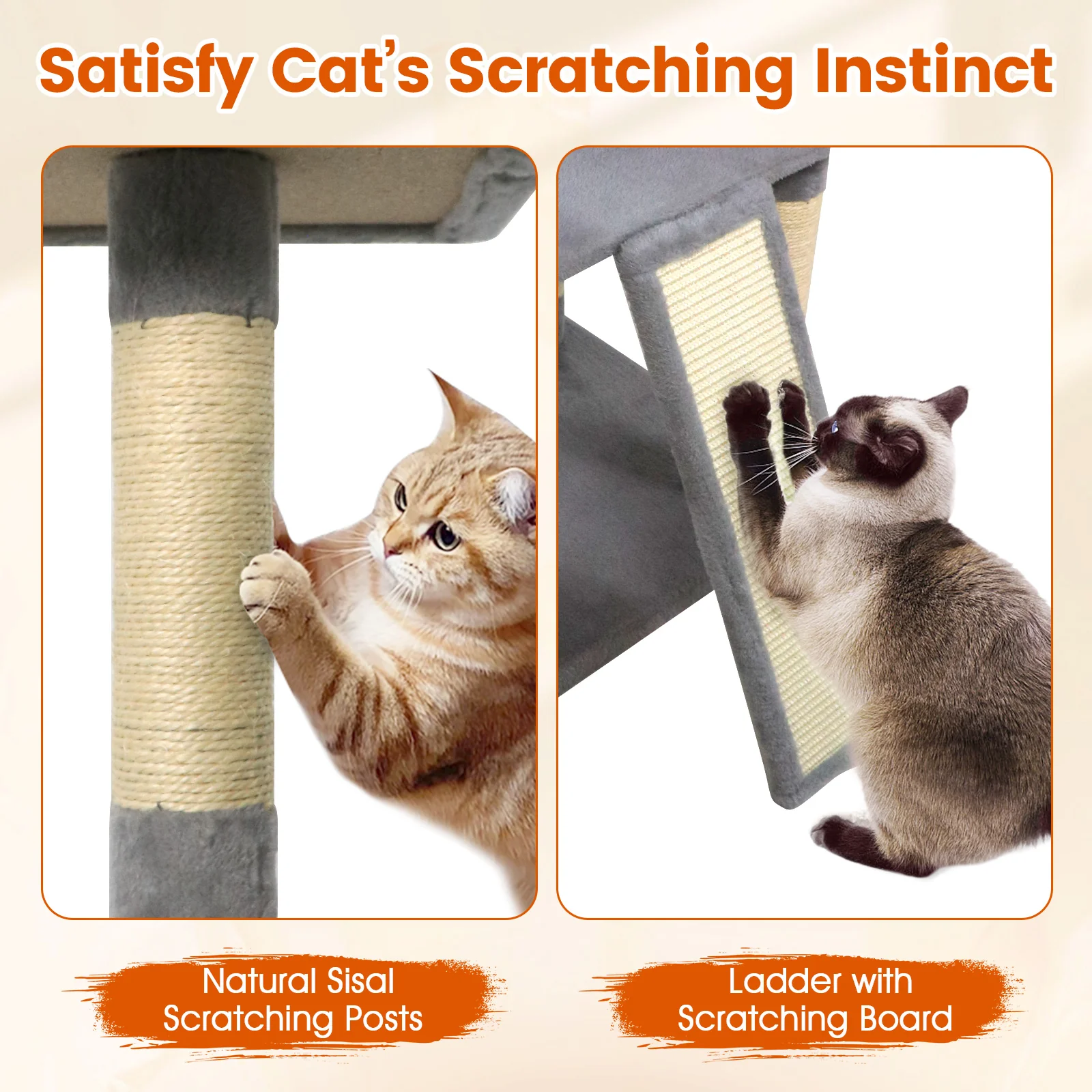 65 Inch Tall Multi-level Cat Tree with 3 Upholstered Perch and 2 Cat Condos, Light Gray - Image 9