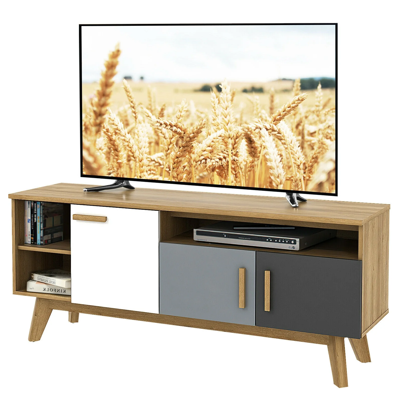 65 Inch TV Stand, 3 Cabinets, 3 Shelves, Natural - Image 10