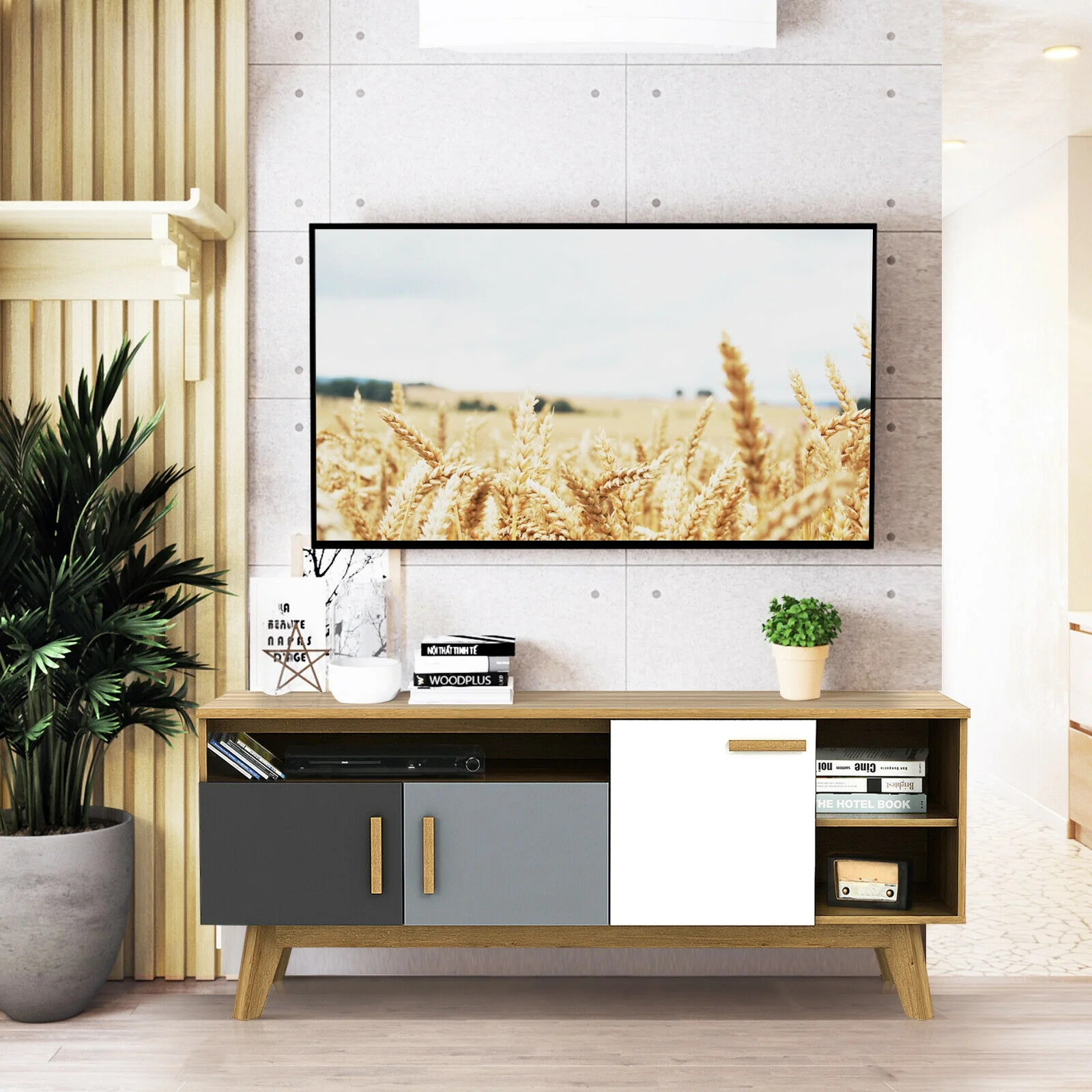 65 Inch TV Stand, 3 Cabinets, 3 Shelves, Natural - Image 2