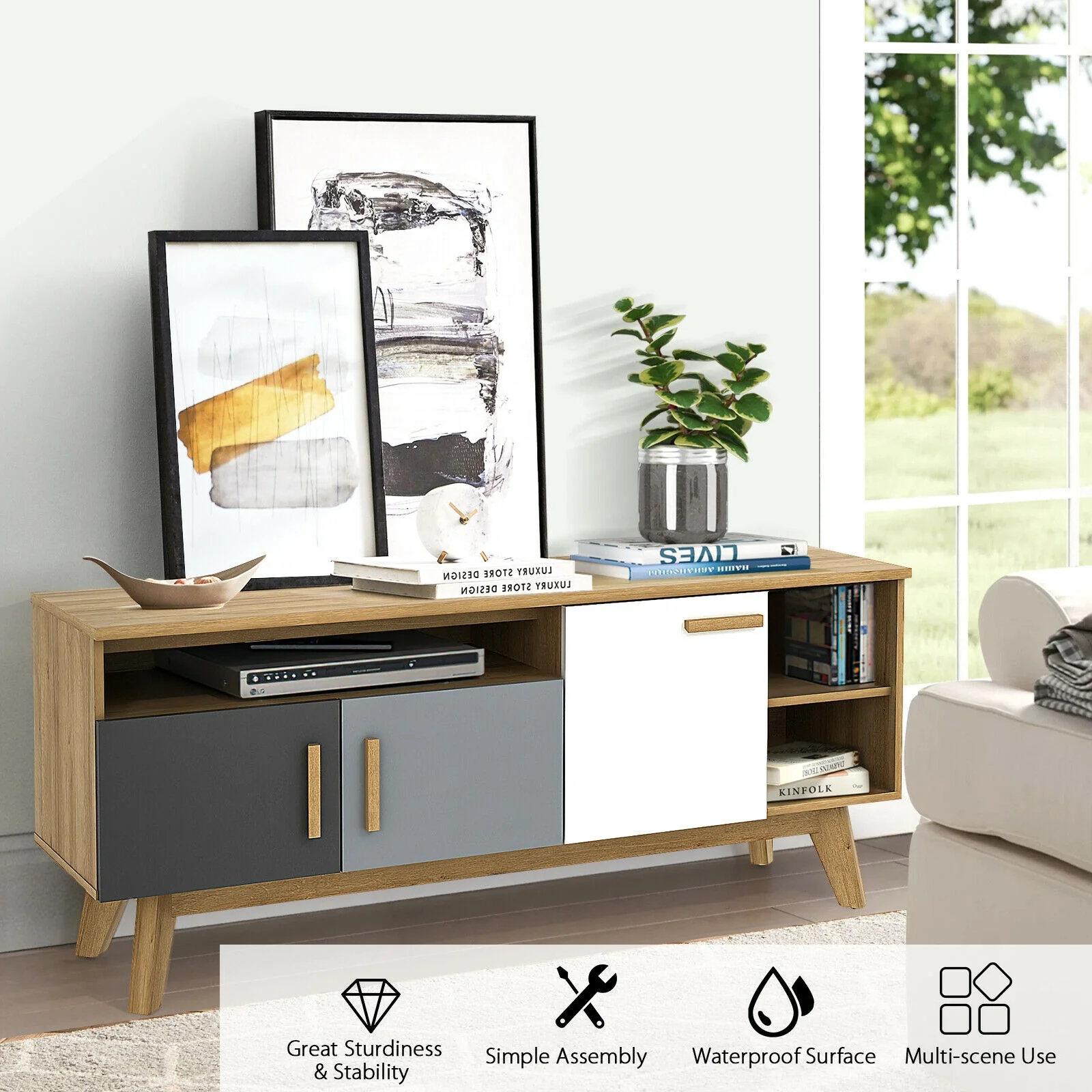 65 Inch TV Stand, 3 Cabinets, 3 Shelves, Natural - Image 3