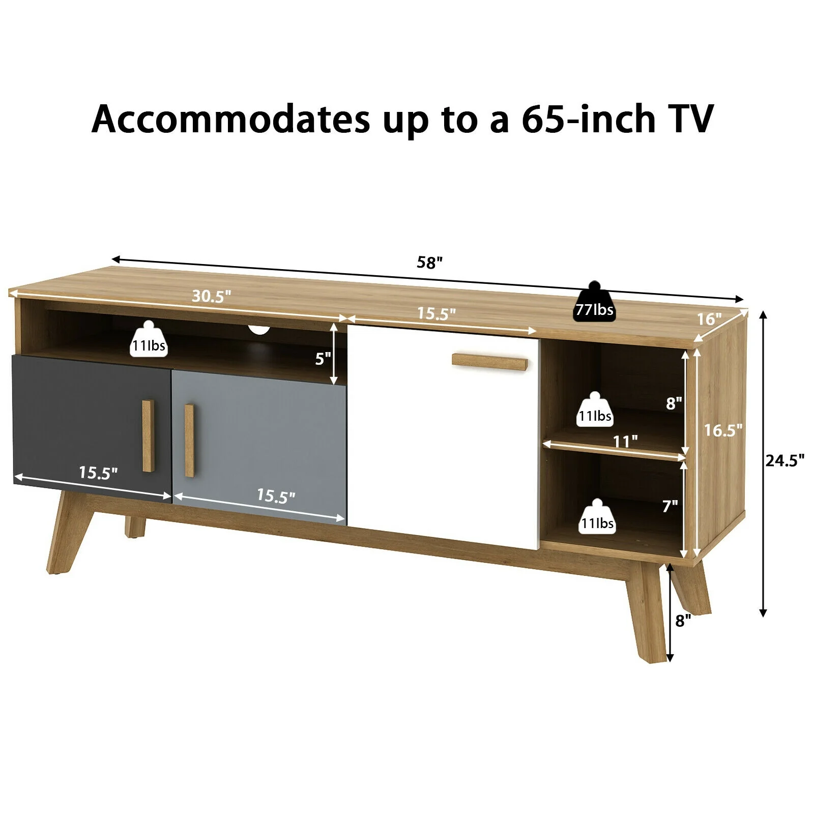 65 Inch TV Stand, 3 Cabinets, 3 Shelves, Natural - Image 5