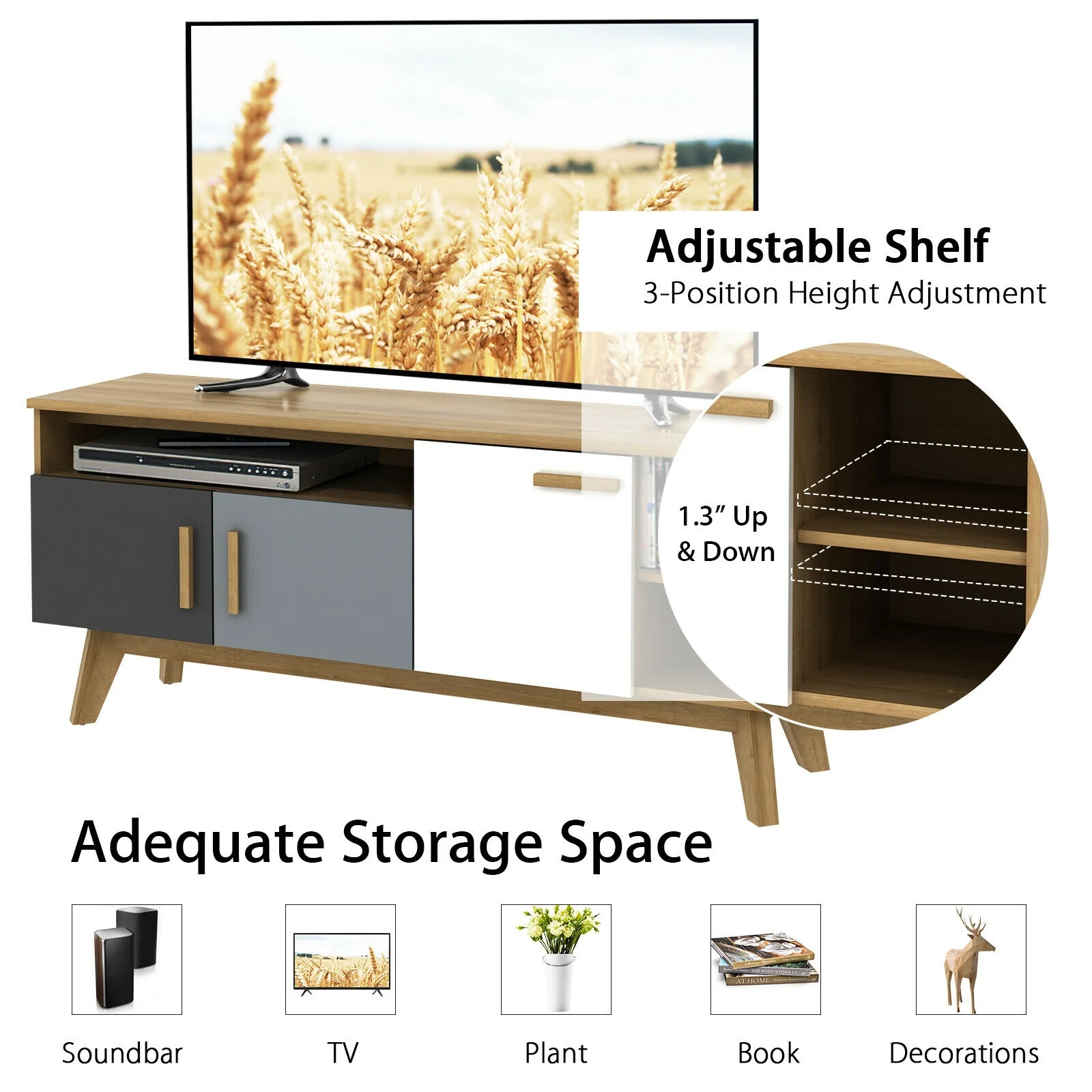 65 Inch TV Stand, 3 Cabinets, 3 Shelves, Natural - Image 6