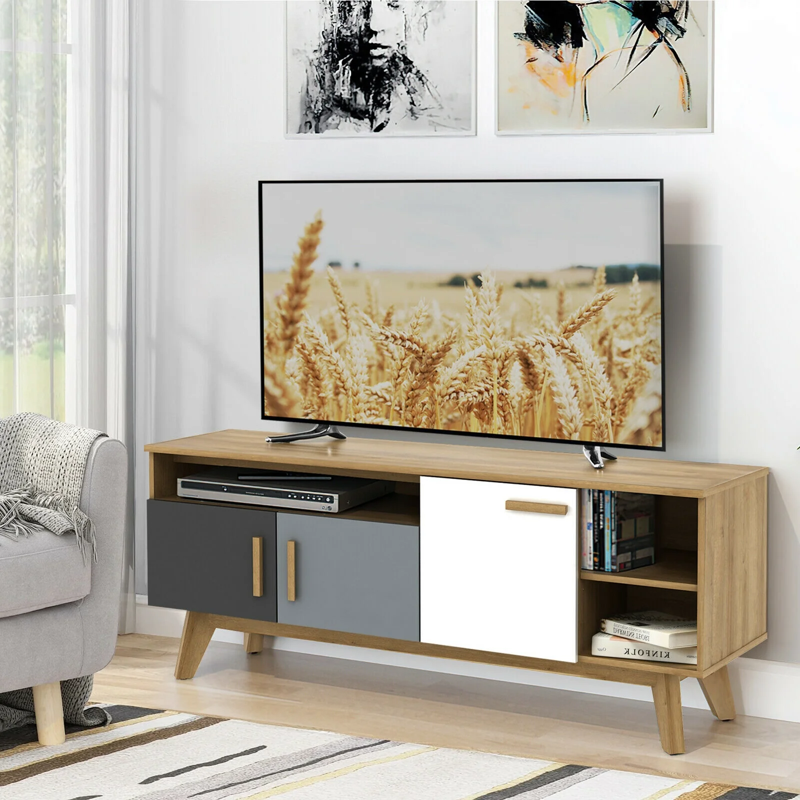 65 Inch TV Stand, 3 Cabinets, 3 Shelves, Natural - Image 7
