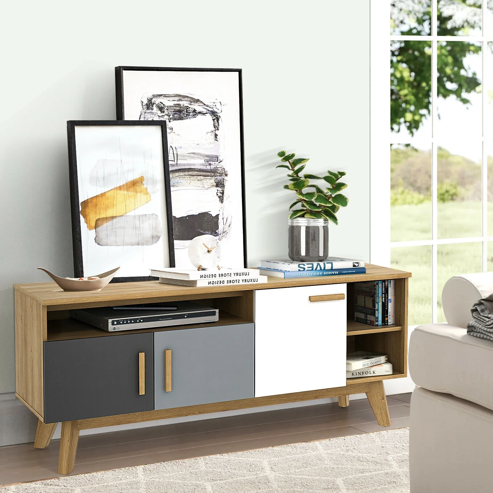 65 Inch TV Stand, 3 Cabinets, 3 Shelves, Natural - Image 8