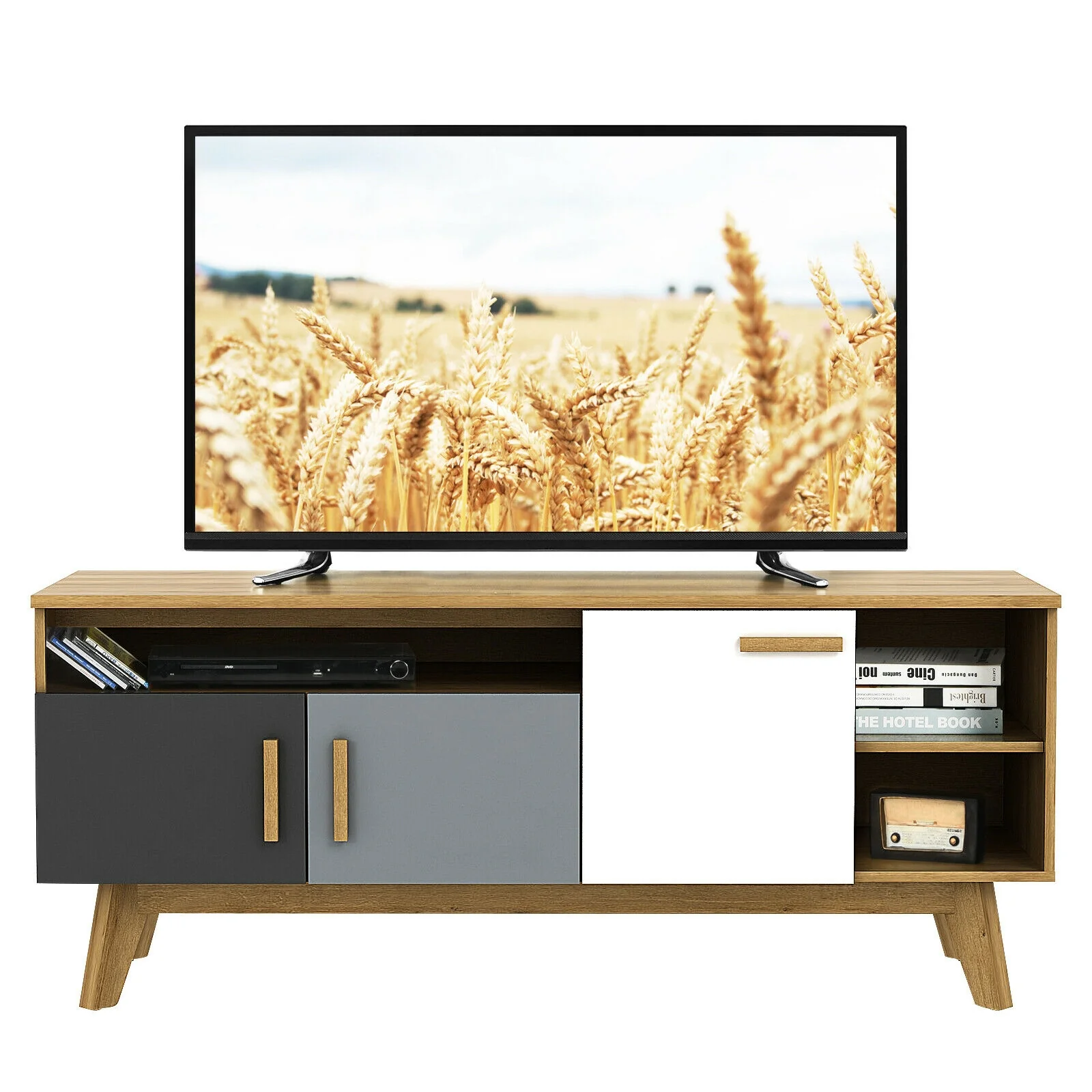 65 Inch TV Stand, 3 Cabinets, 3 Shelves, Natural - Image 9