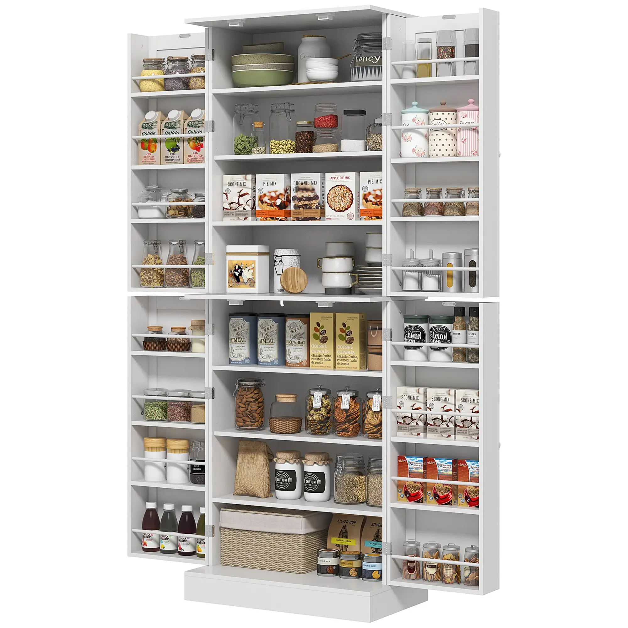 65" Kitchen Pantry Cabinet, 4 Doors, 16 Shelves, White
