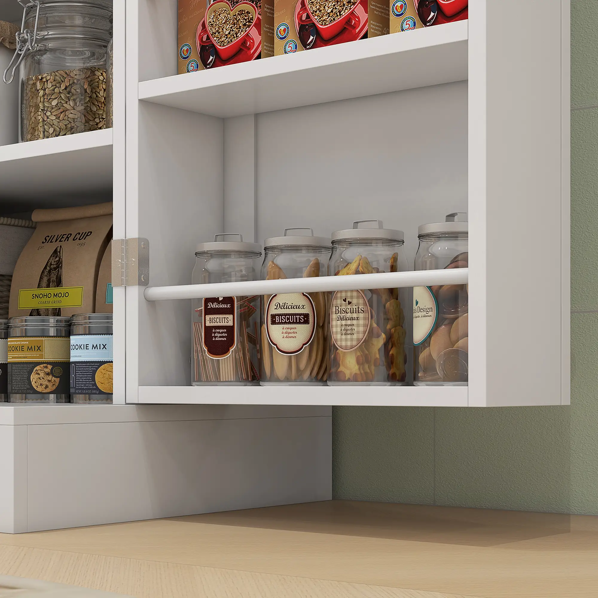 65" Kitchen Pantry Cabinet, 4 Doors, 16 Shelves, White - Image 10