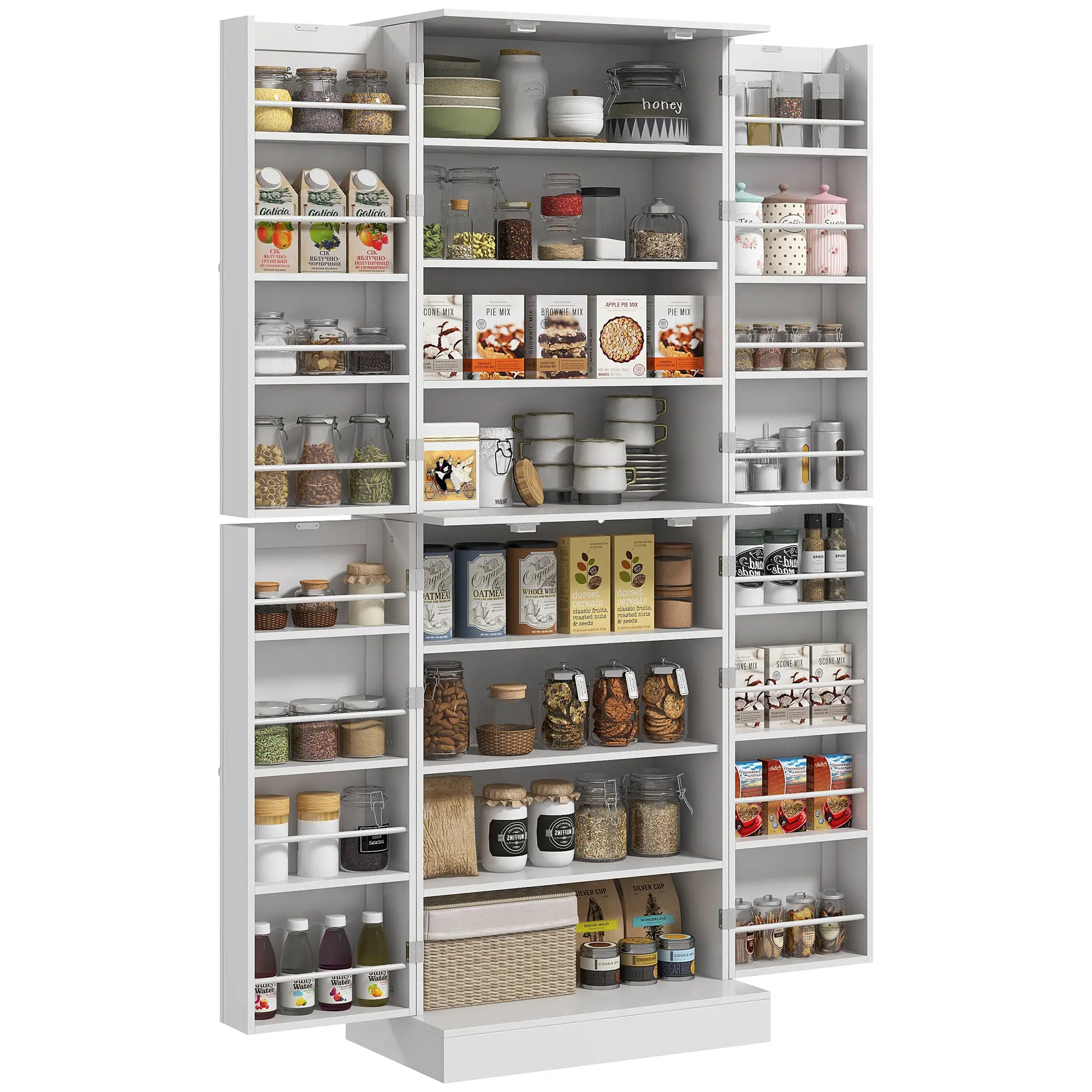 65" Kitchen Pantry Cabinet, 4 Doors, 16 Shelves, White - Image 11