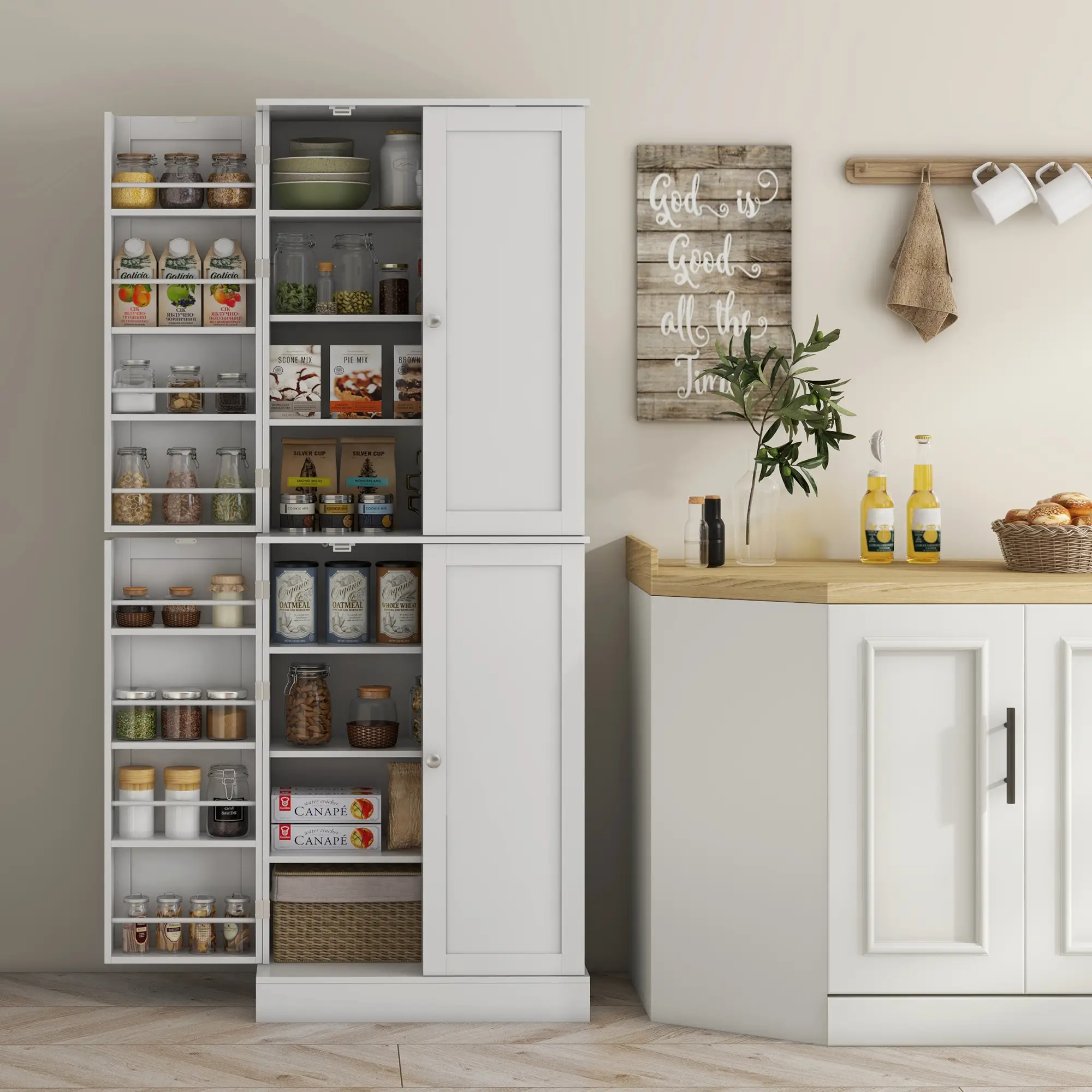 65" Kitchen Pantry Cabinet, 4 Doors, 16 Shelves, White - Image 2