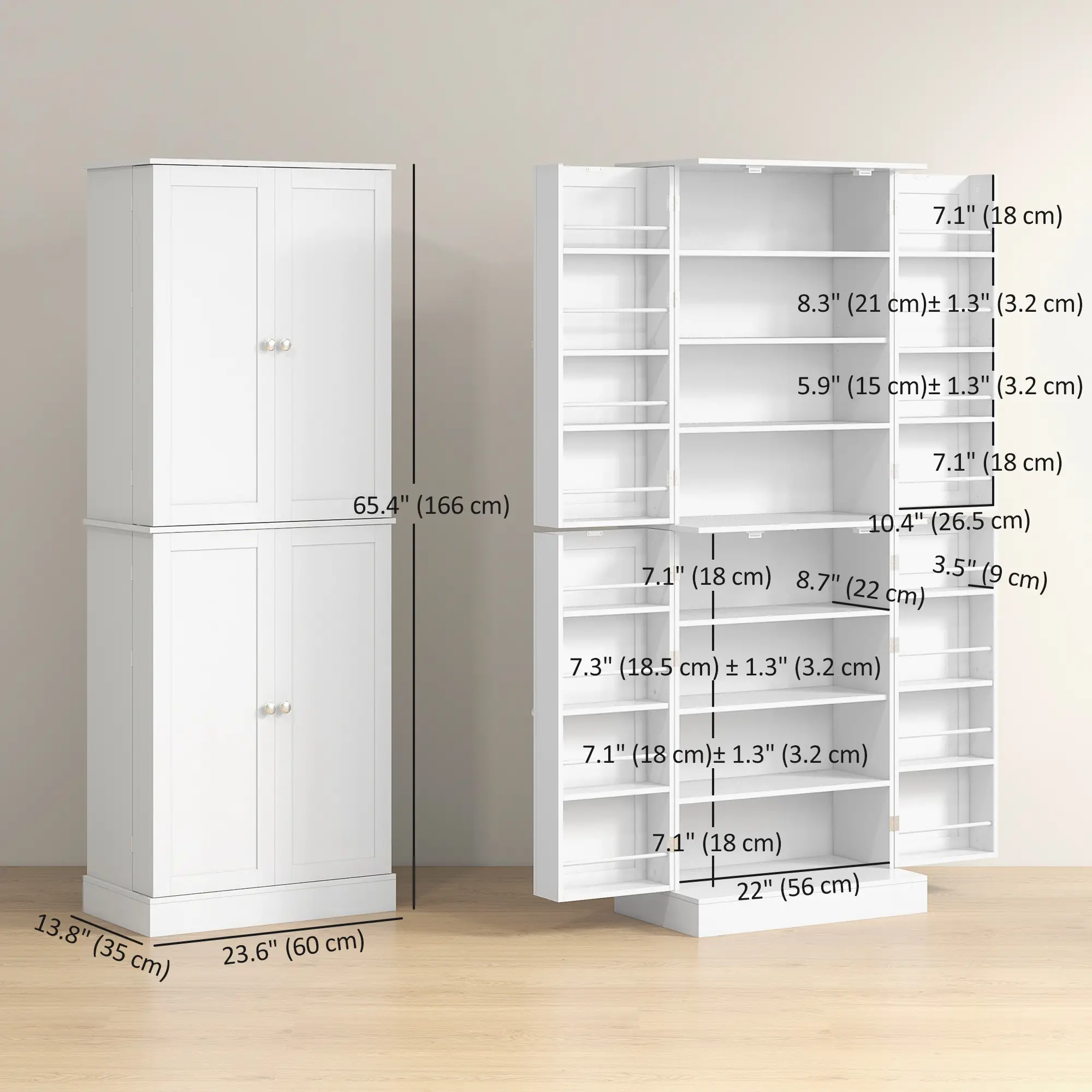 65" Kitchen Pantry Cabinet, 4 Doors, 16 Shelves, White - Image 3
