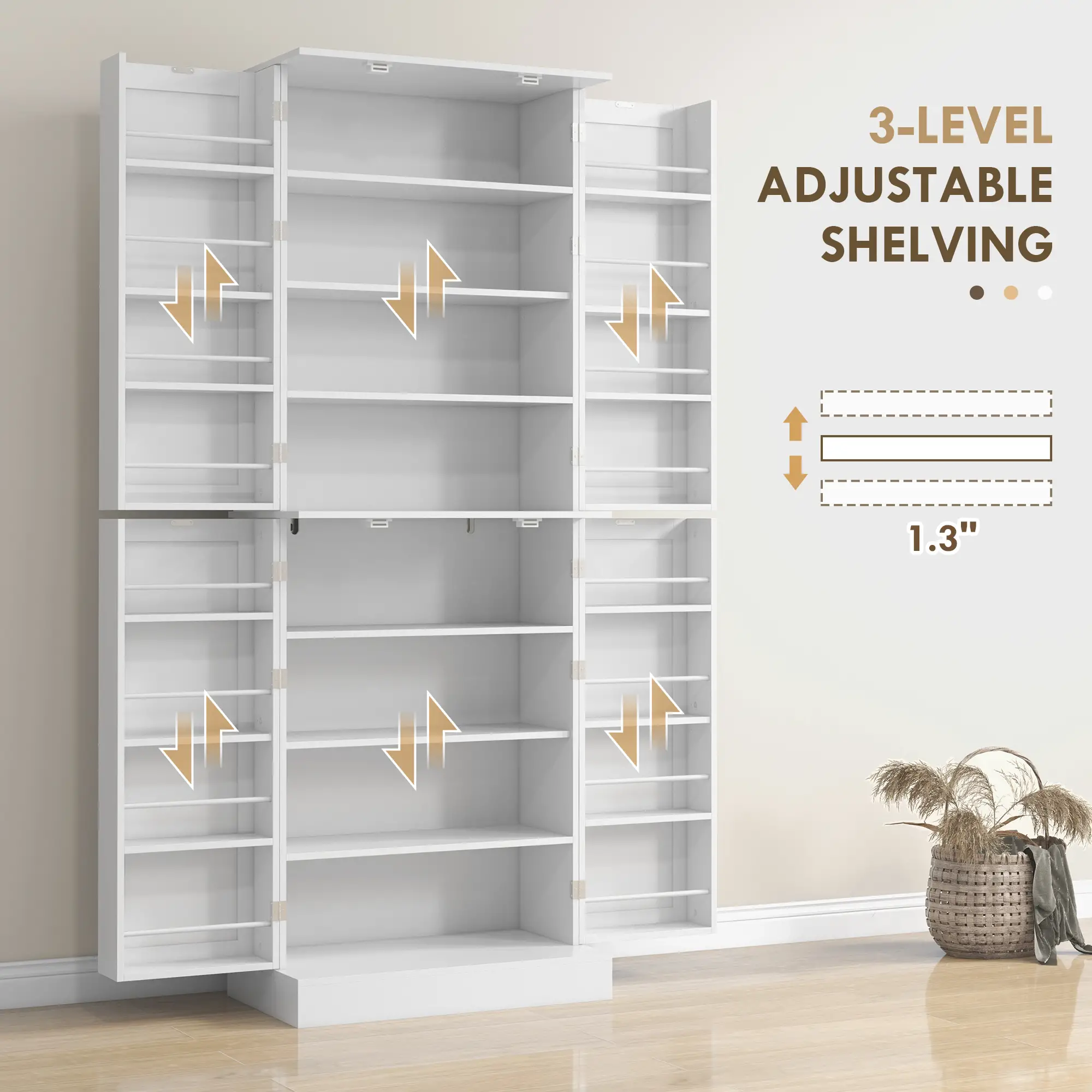 65" Kitchen Pantry Cabinet, 4 Doors, 16 Shelves, White - Image 5