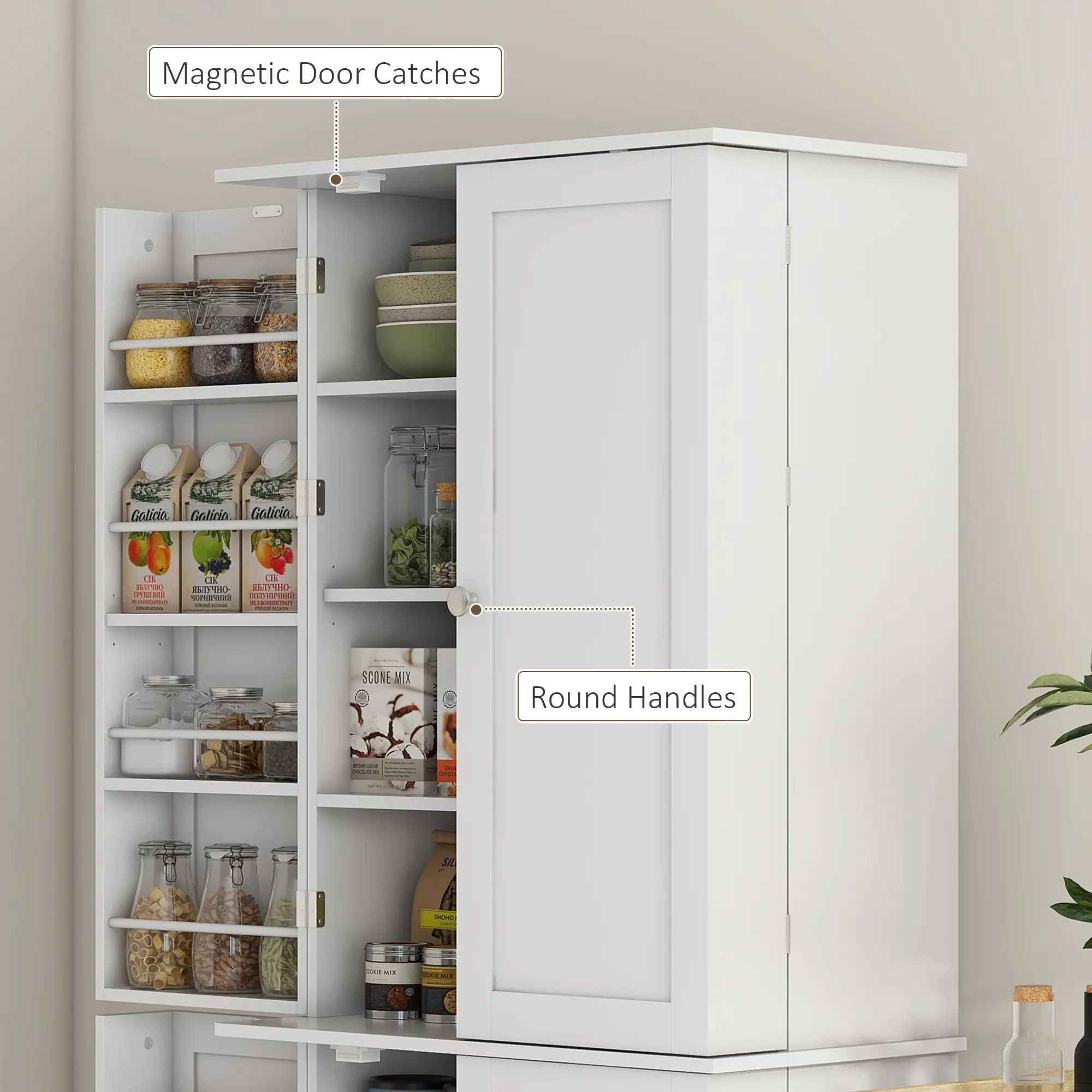 65" Kitchen Pantry Cabinet, 4 Doors, 16 Shelves, White - Image 7