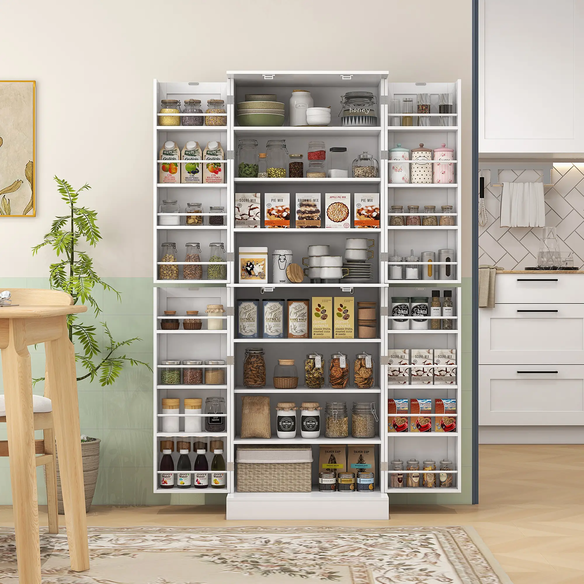 65" Kitchen Pantry Cabinet, 4 Doors, 16 Shelves, White - Image 8