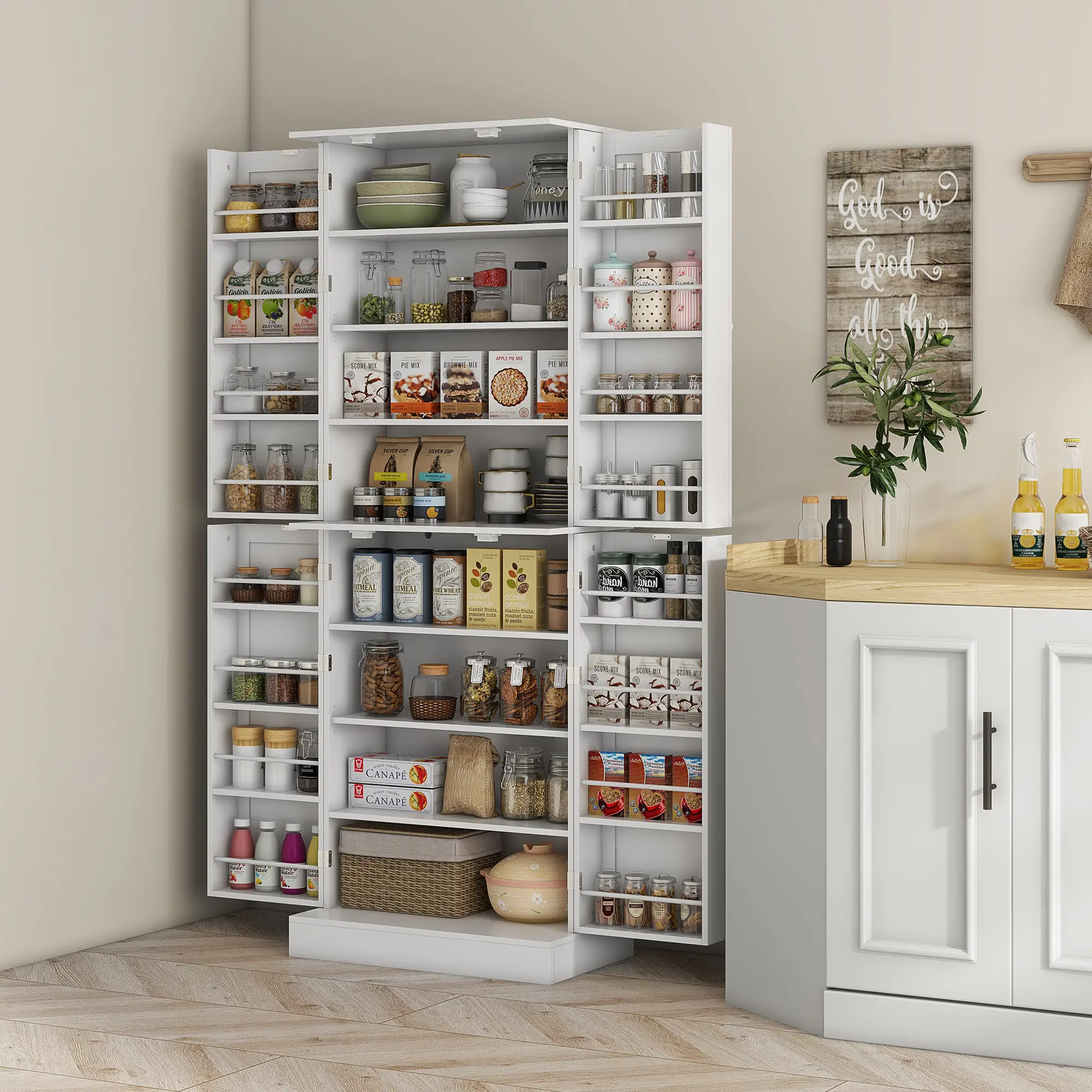 65" Kitchen Pantry Cabinet, 4 Doors, 16 Shelves, White - Image 9