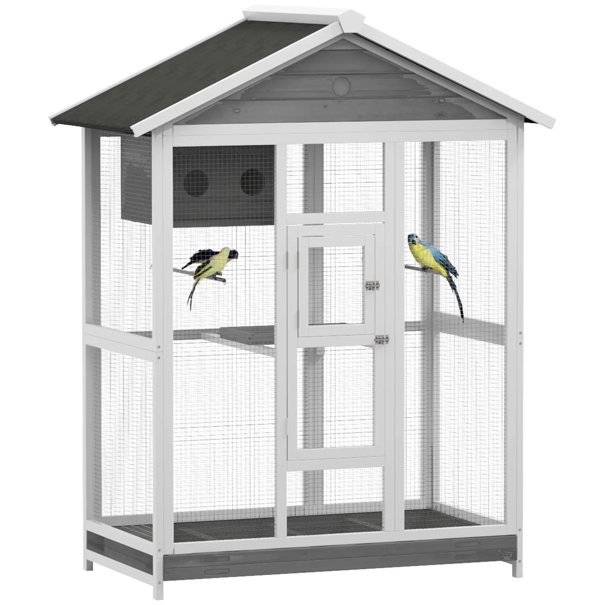 65" Large Bird Cage, Wooden Aviary, 2 Doors, Standing Pole, Grey