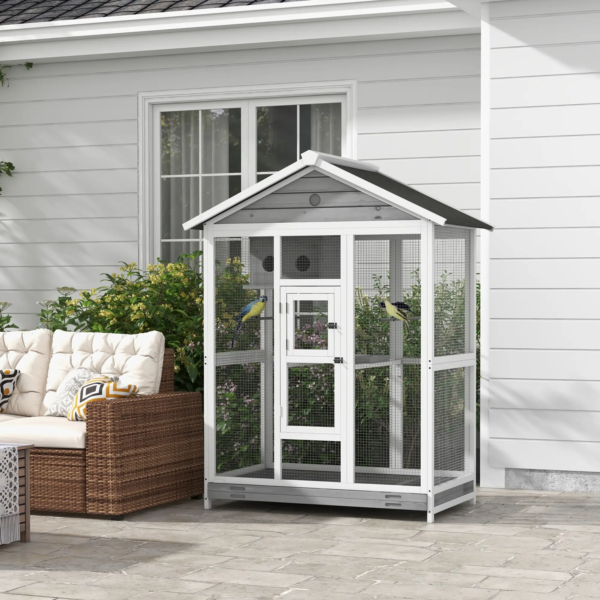 65" Large Bird Cage, Wooden Aviary, 2 Doors, Standing Pole, Grey - Image 2