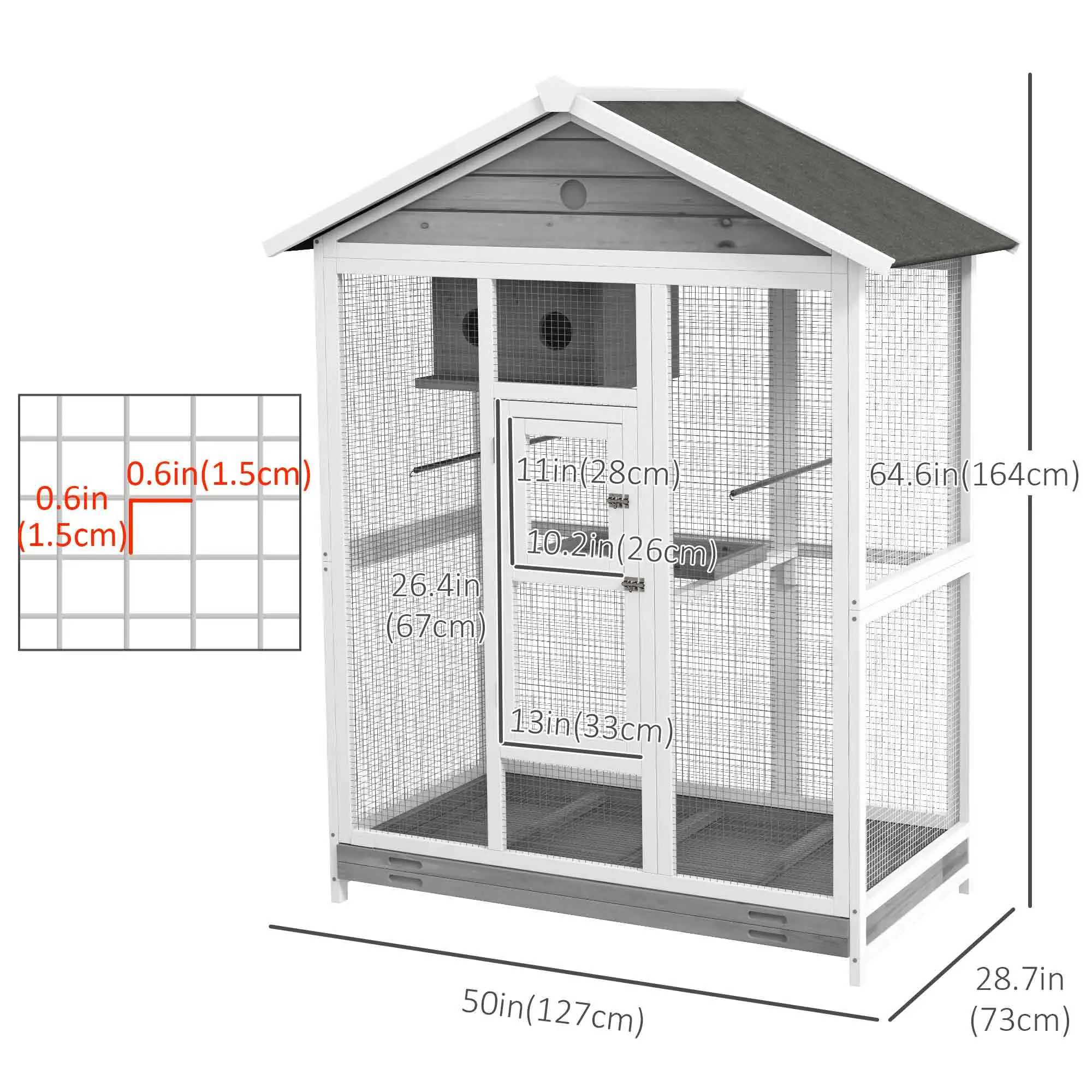 65" Large Bird Cage, Wooden Aviary, 2 Doors, Standing Pole, Grey - Image 3