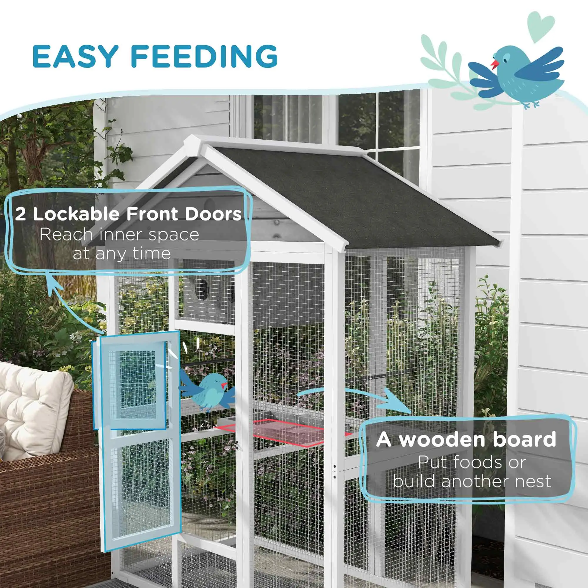 65" Large Bird Cage, Wooden Aviary, 2 Doors, Standing Pole, Grey - Image 4