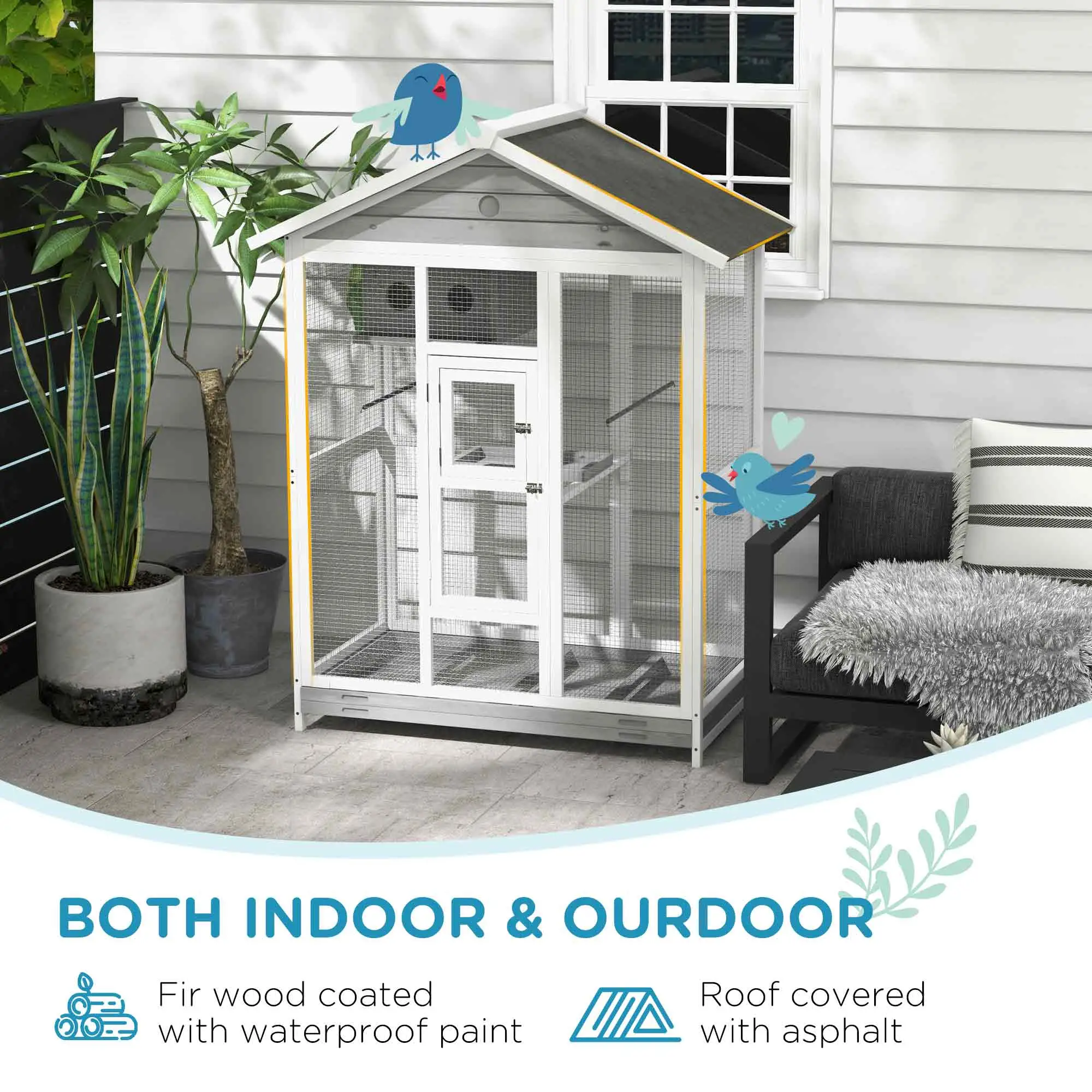 65" Large Bird Cage, Wooden Aviary, 2 Doors, Standing Pole, Grey - Image 7