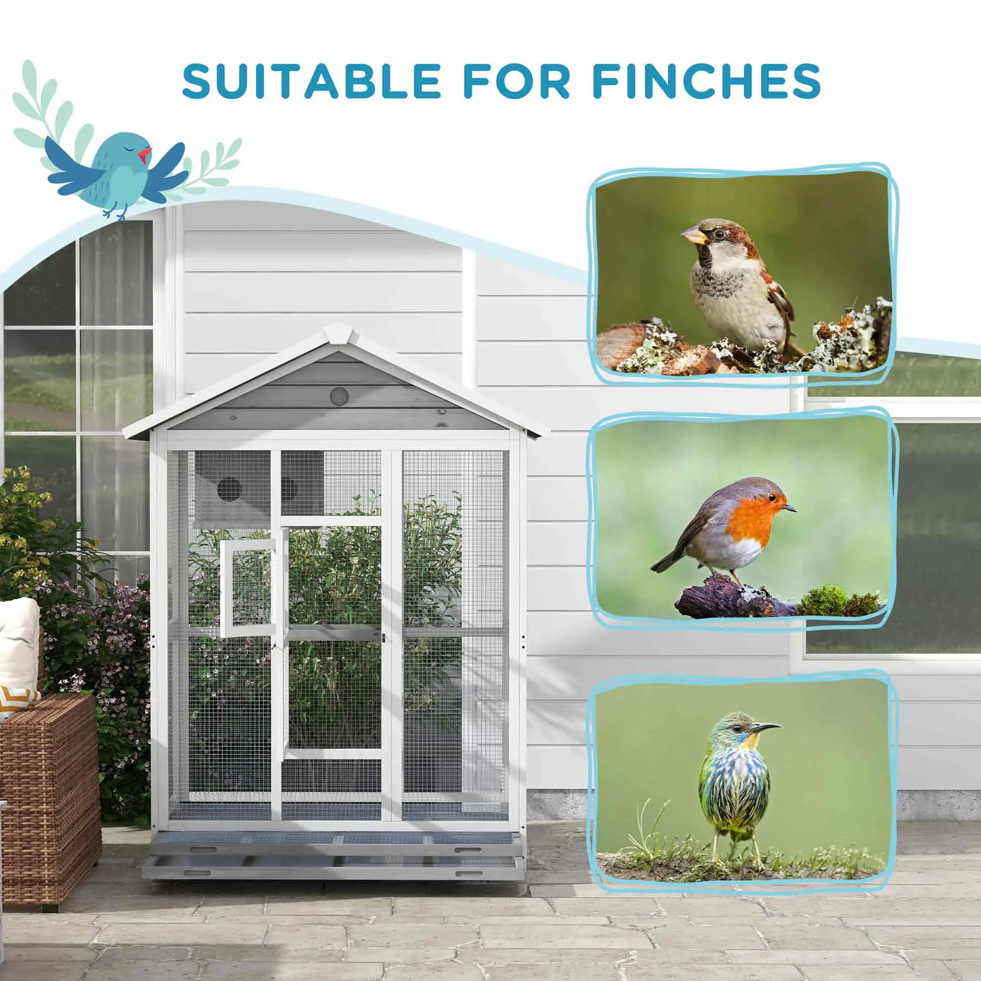 65" Large Bird Cage, Wooden Aviary, 2 Doors, Standing Pole, Grey - Image 9