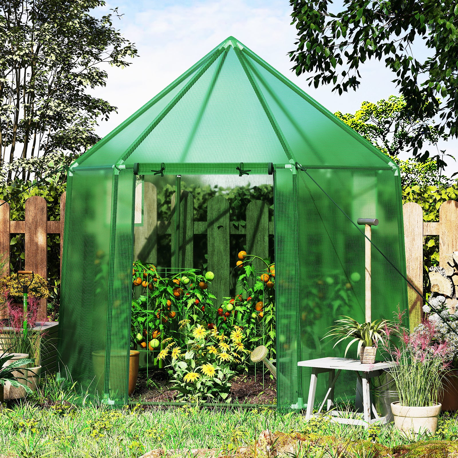 6.5 x 5.6 x 6.2 FT Mini Walk-in Greenhouse Portable Outdoor Warm House for Winter with PE Cover, Green - Image 2