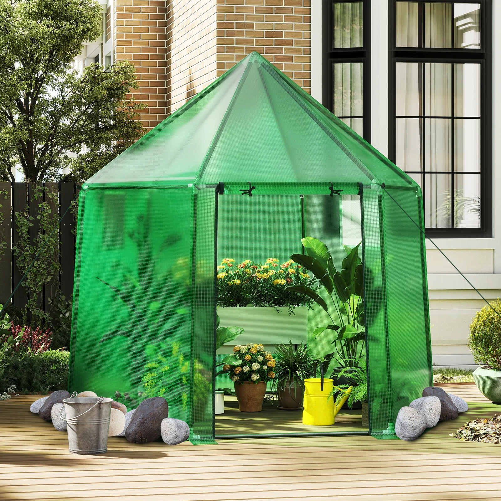 6.5 x 5.6 x 6.2 FT Mini Walk-in Greenhouse Portable Outdoor Warm House for Winter with PE Cover, Green - Image 3