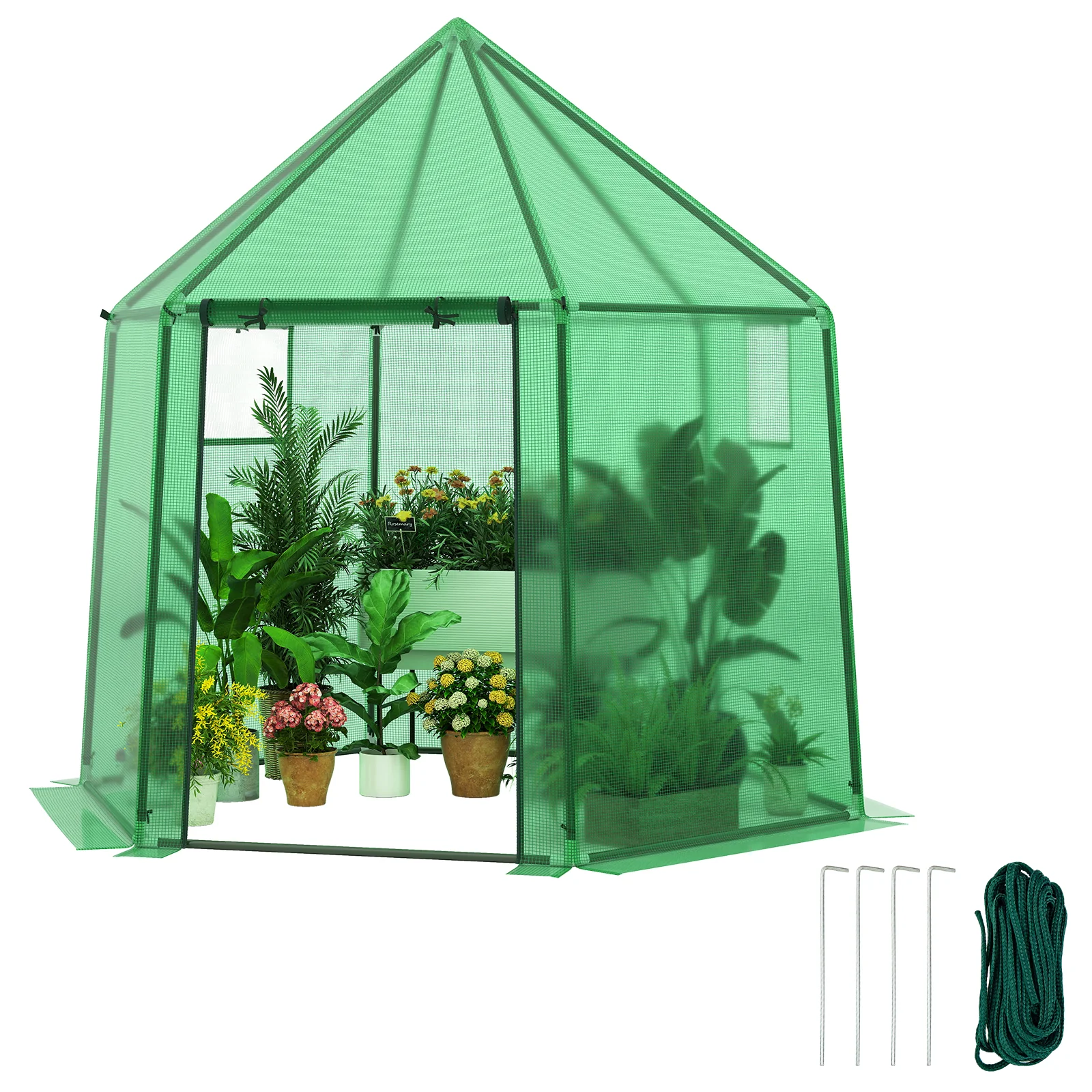 6.5 x 5.6 x 6.2 FT Mini Walk-in Greenhouse Portable Outdoor Warm House for Winter with PE Cover, Green - Image 4