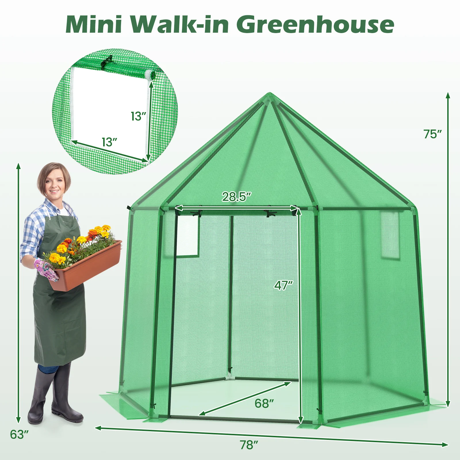 6.5 x 5.6 x 6.2 FT Mini Walk-in Greenhouse Portable Outdoor Warm House for Winter with PE Cover, Green - Image 5