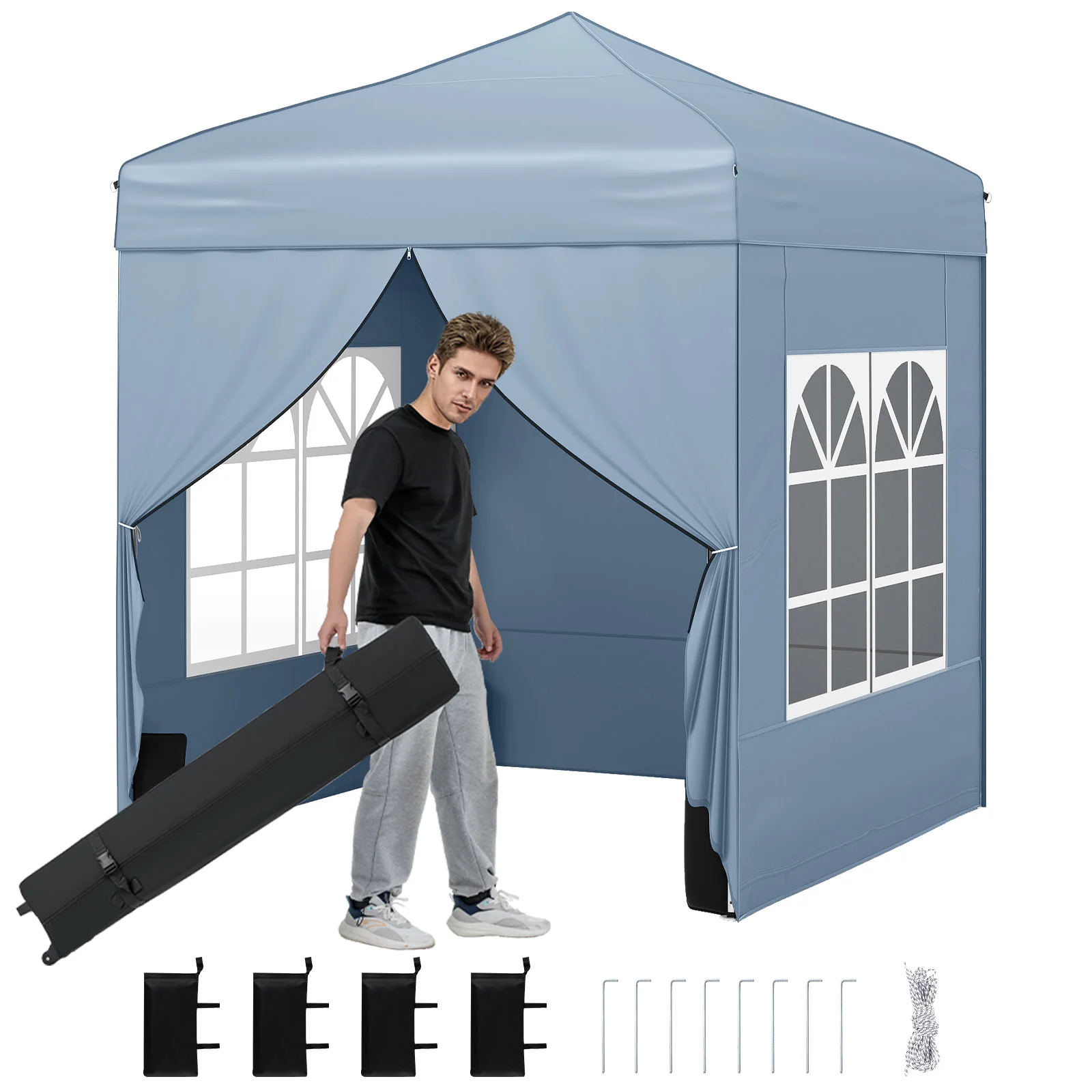 6.5 x 6.5 FT Pop up Canopy Tent with 4 Sidewalls and Wheeled Bag-Grey, Gray