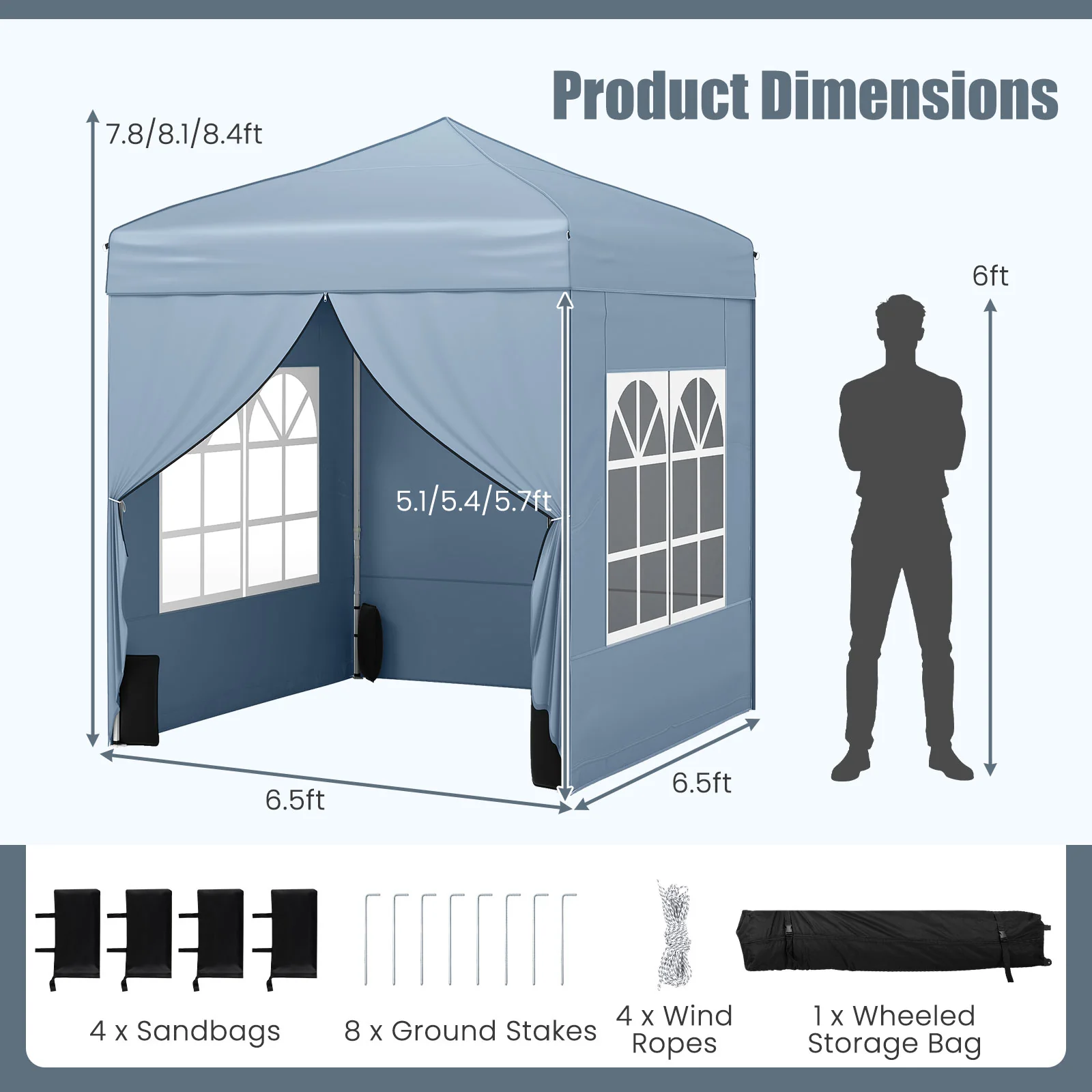 6.5 x 6.5 FT Pop up Canopy Tent with 4 Sidewalls and Wheeled Bag-Grey, Gray - Image 5