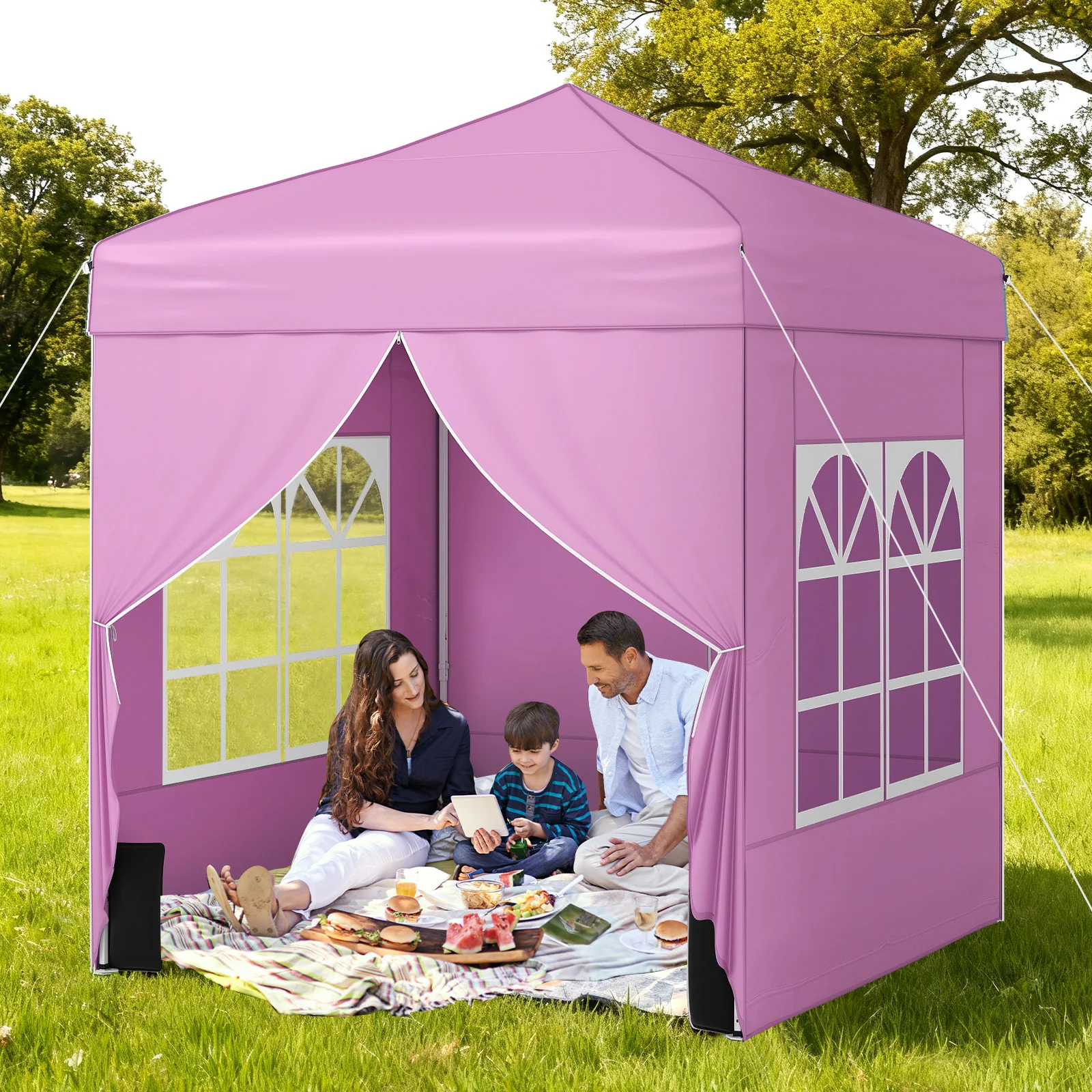 6.5 x 6.5 FT Pop up Canopy Tent with 4 Sidewalls and Wheeled Bag, Pink - Image 2