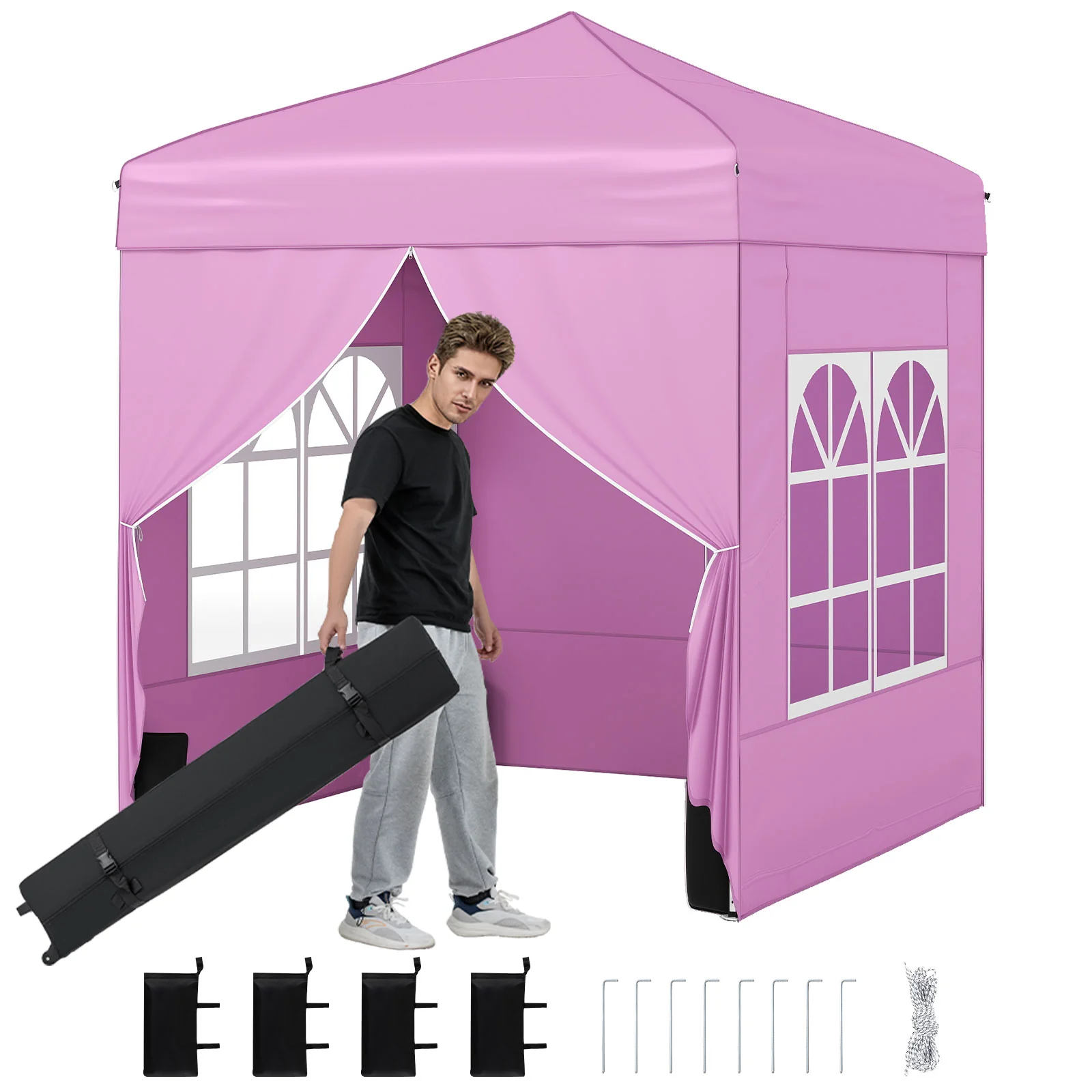 6.5 x 6.5 FT Pop up Canopy Tent with 4 Sidewalls and Wheeled Bag, Pink - Image 4