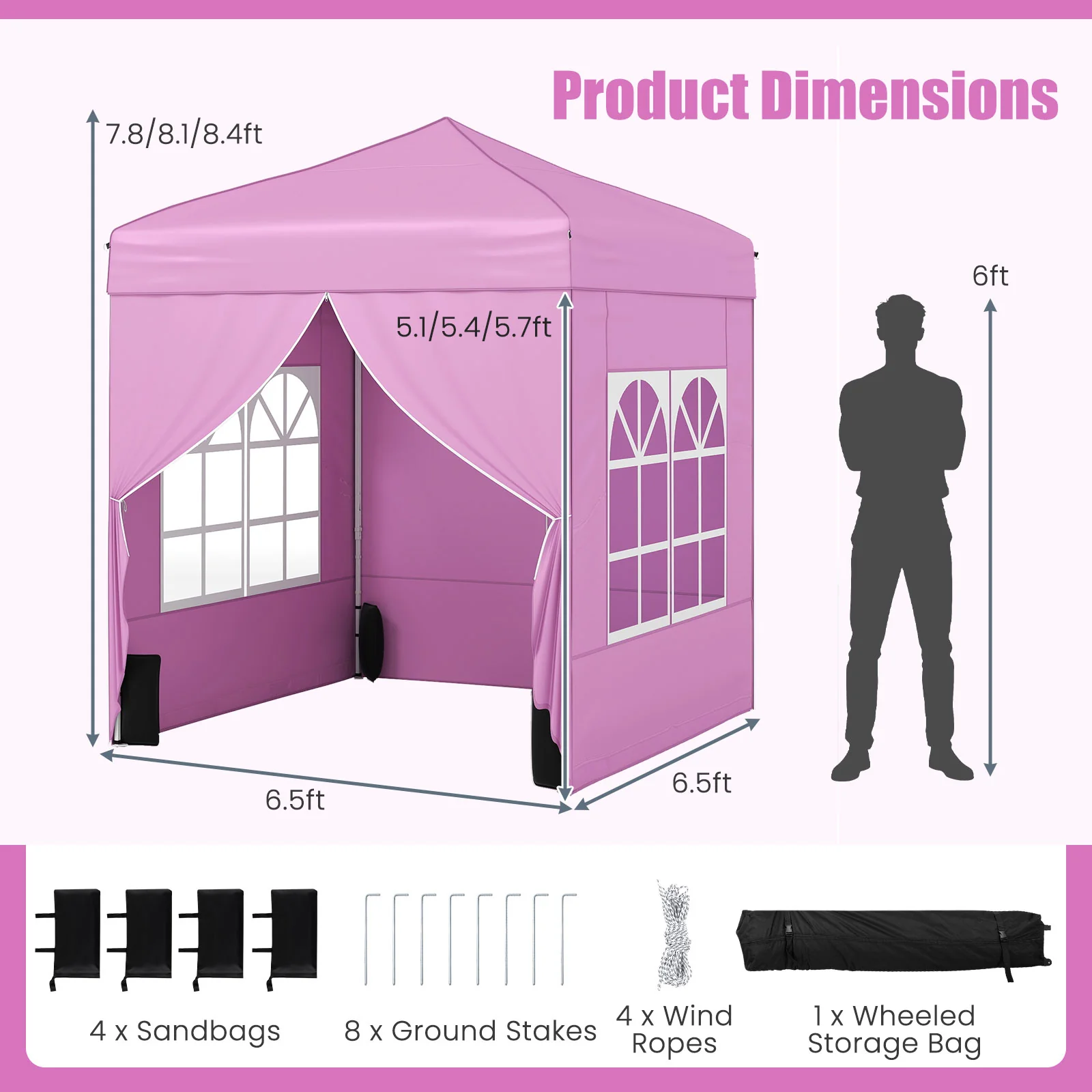 6.5 x 6.5 FT Pop up Canopy Tent with 4 Sidewalls and Wheeled Bag, Pink - Image 5