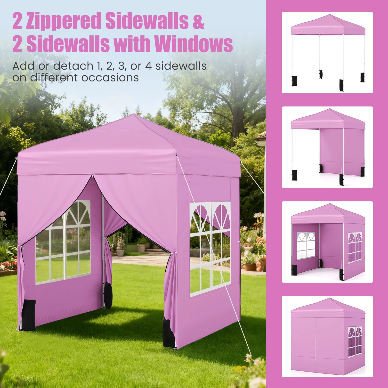 6.5 x 6.5 FT Pop up Canopy Tent with 4 Sidewalls and Wheeled Bag, Pink - Image 7