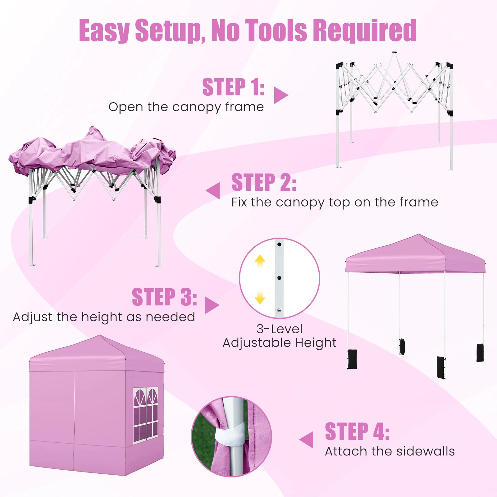 6.5 x 6.5 FT Pop up Canopy Tent with 4 Sidewalls and Wheeled Bag, Pink - Image 9